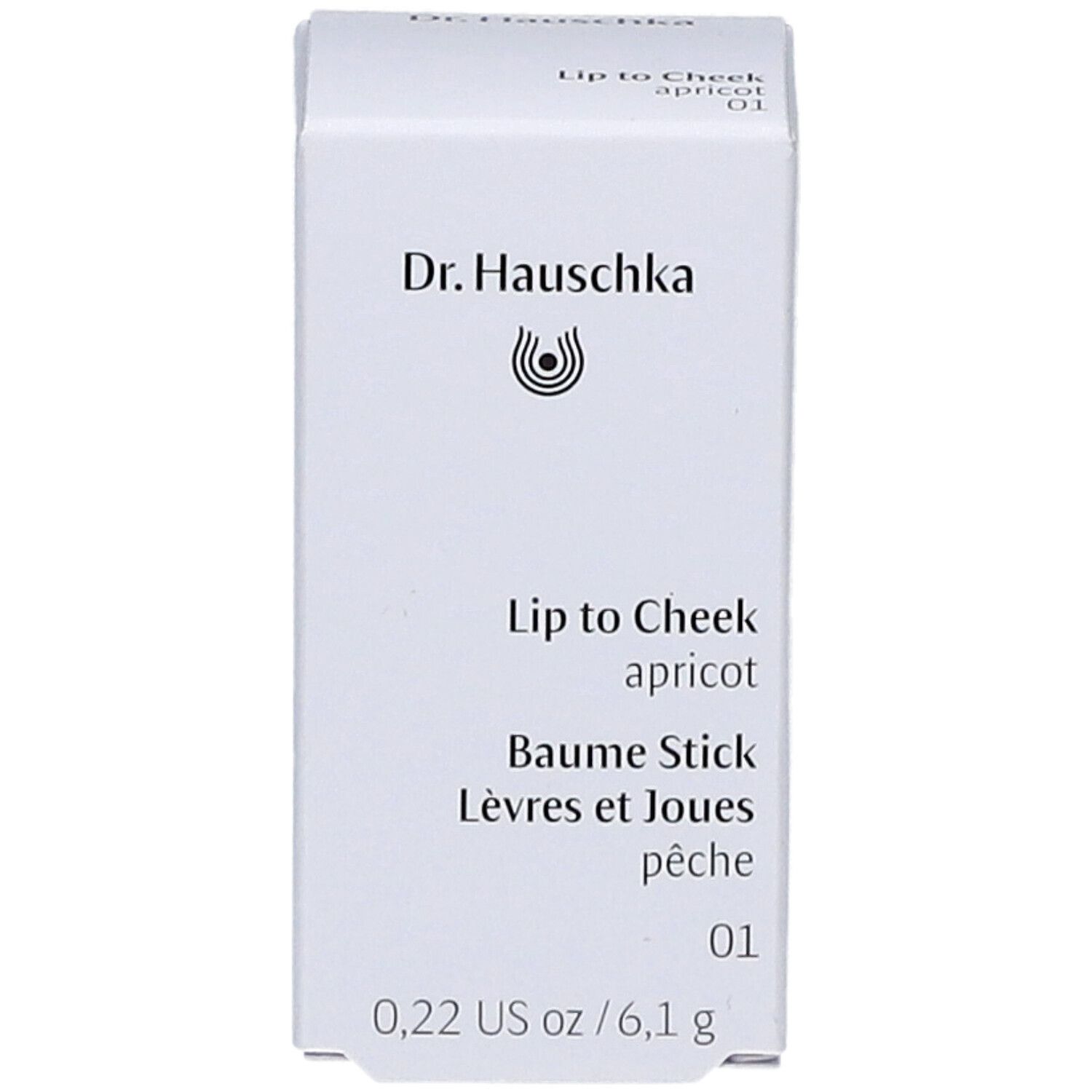 Weiße Verpackung mit Produktinformationen. Schriftzug "Dr. Hauschka Lip to Cheek apricot 01". Mengenangabe.