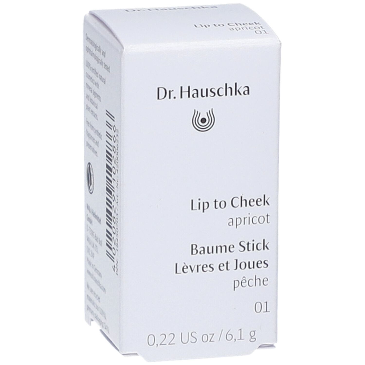 Weiße Verpackung mit Produktinformationen. Schriftzug "Dr. Hauschka Lip to Cheek apricot 01".
