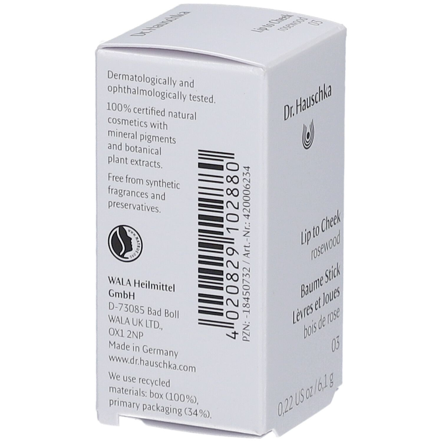 Rückseite der Dr. Hauschka Lip to Cheek Verpackung. Enthält Informationen zu Inhaltsstoffen und Zertifizierungen.