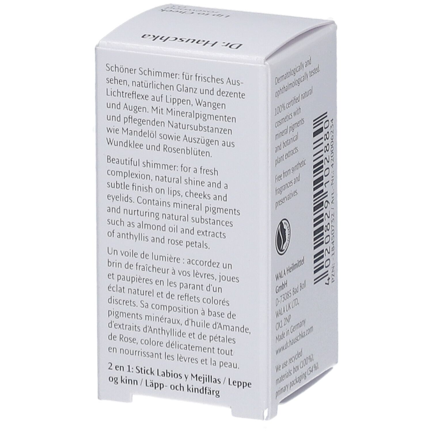 Dr. Hauschka Lip to Cheek Verpackung mit Text in mehreren Sprachen. Enthält Produktbeschreibung.