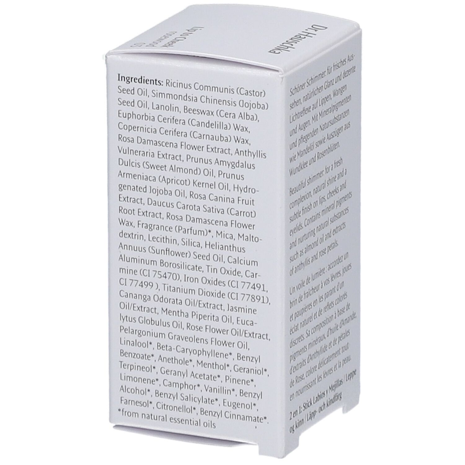 Dr. Hauschka Lip to Cheek Verpackung. Auflistung der Inhaltsstoffe in englischer Sprache.