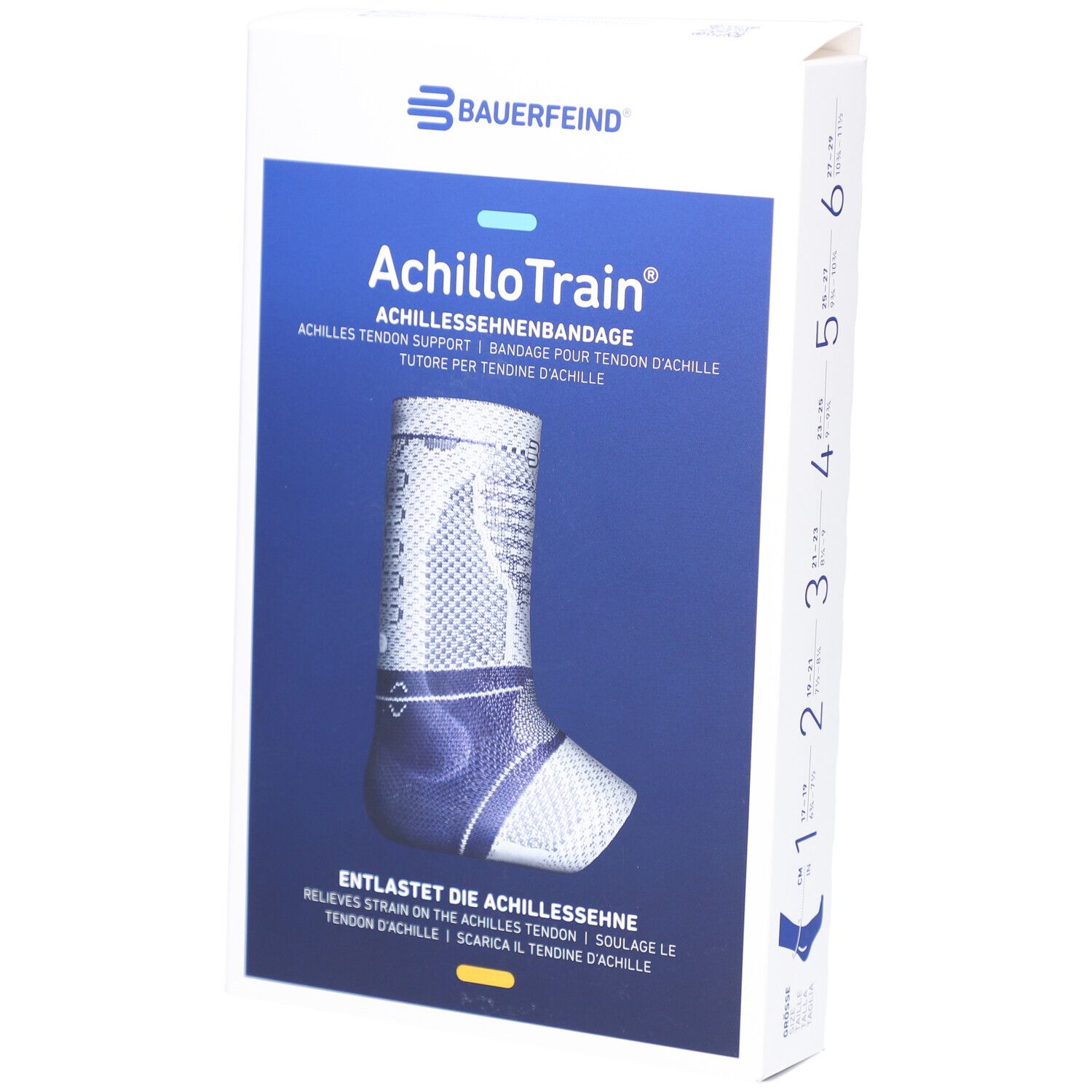 Bauerfeind AchilloTrain Bandage. Blau-weißes Produkt auf Verpackung. Größenangabe 5. Text: Achillessehnenbandage.