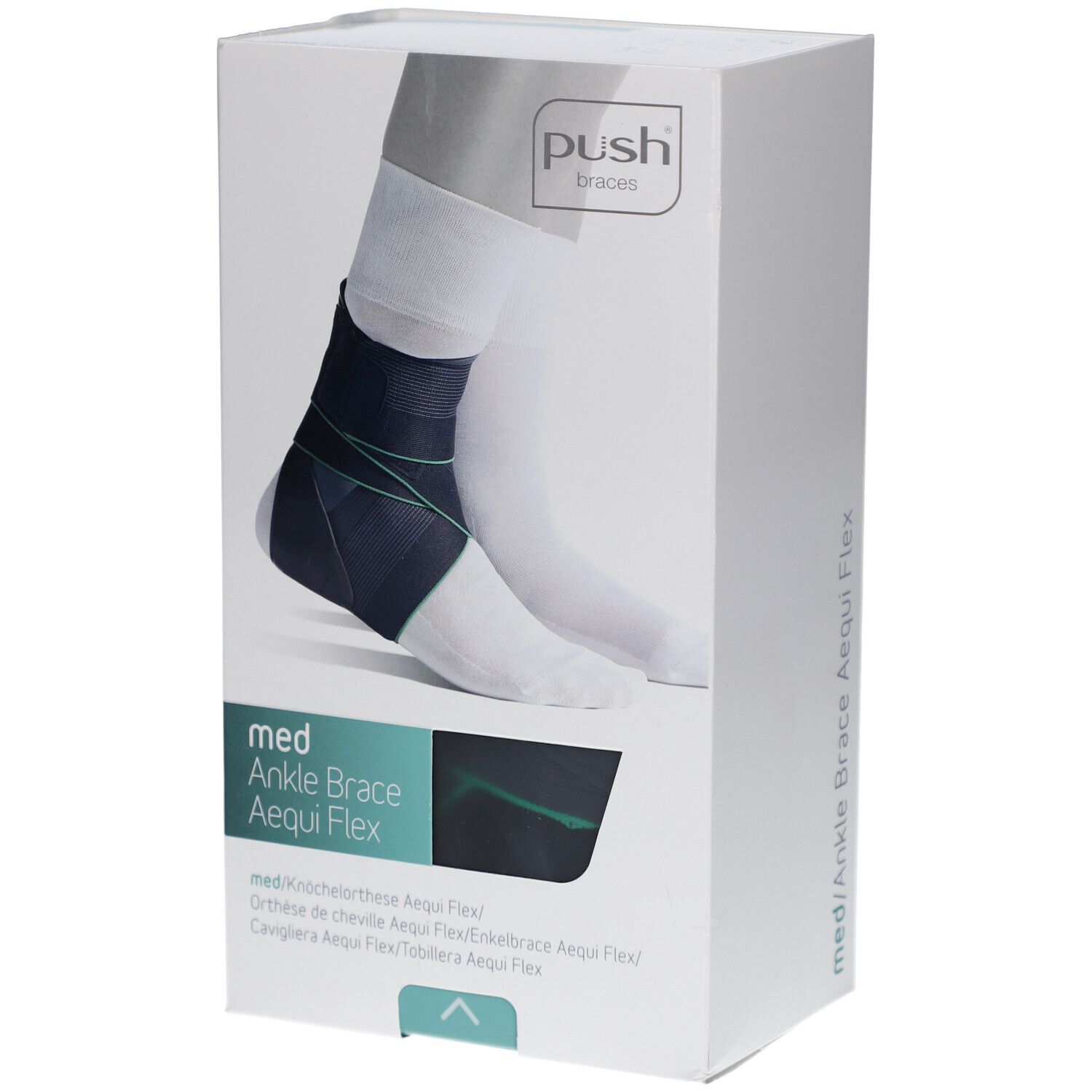 Verpackung mit Knöchelbandage. Auf der Verpackung ist eine Abbildung des Produkts am Fuß zu sehen. Der Markenname ist Push.