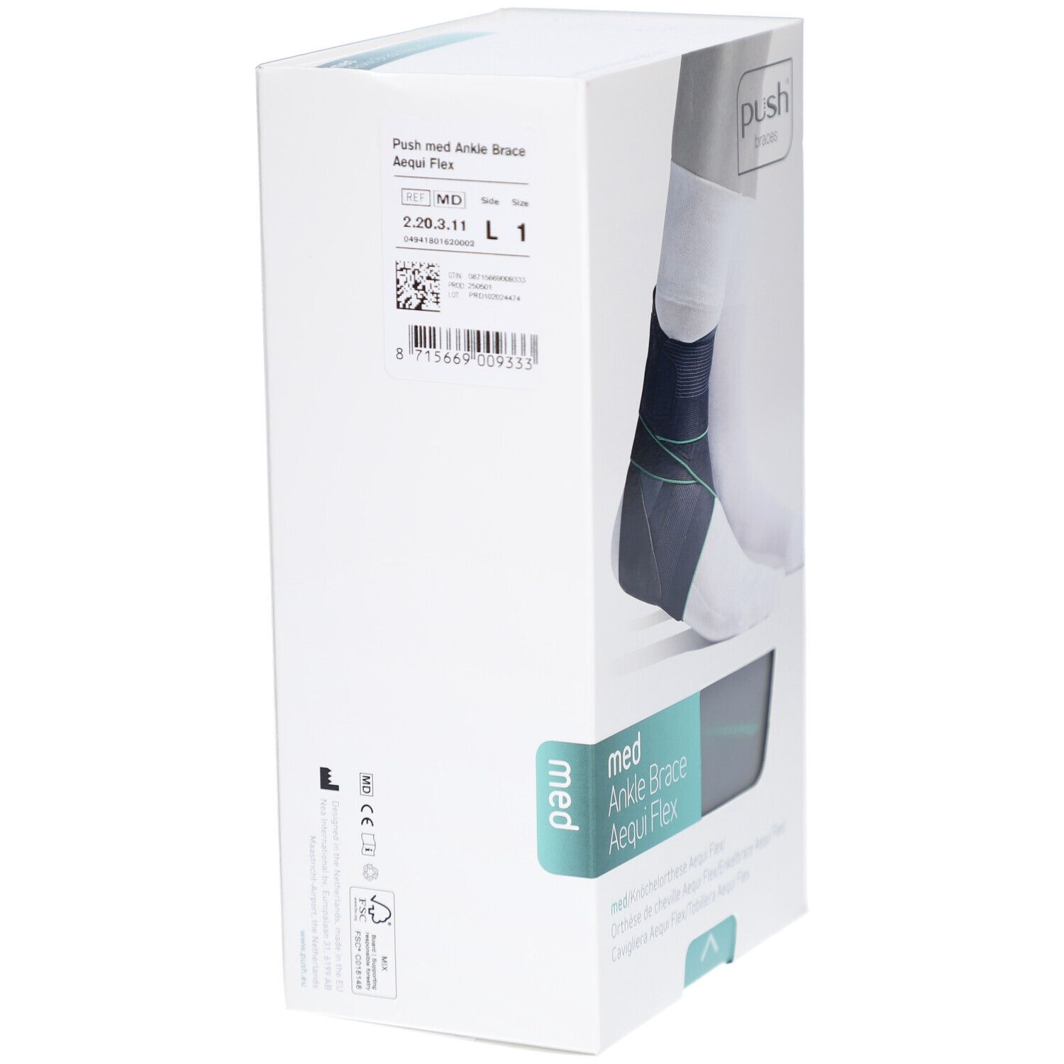 Verpackung der Knöchelbandage. Auf der Verpackung sind Produktinformationen und ein Barcode zu sehen. Der Markenname ist Push.