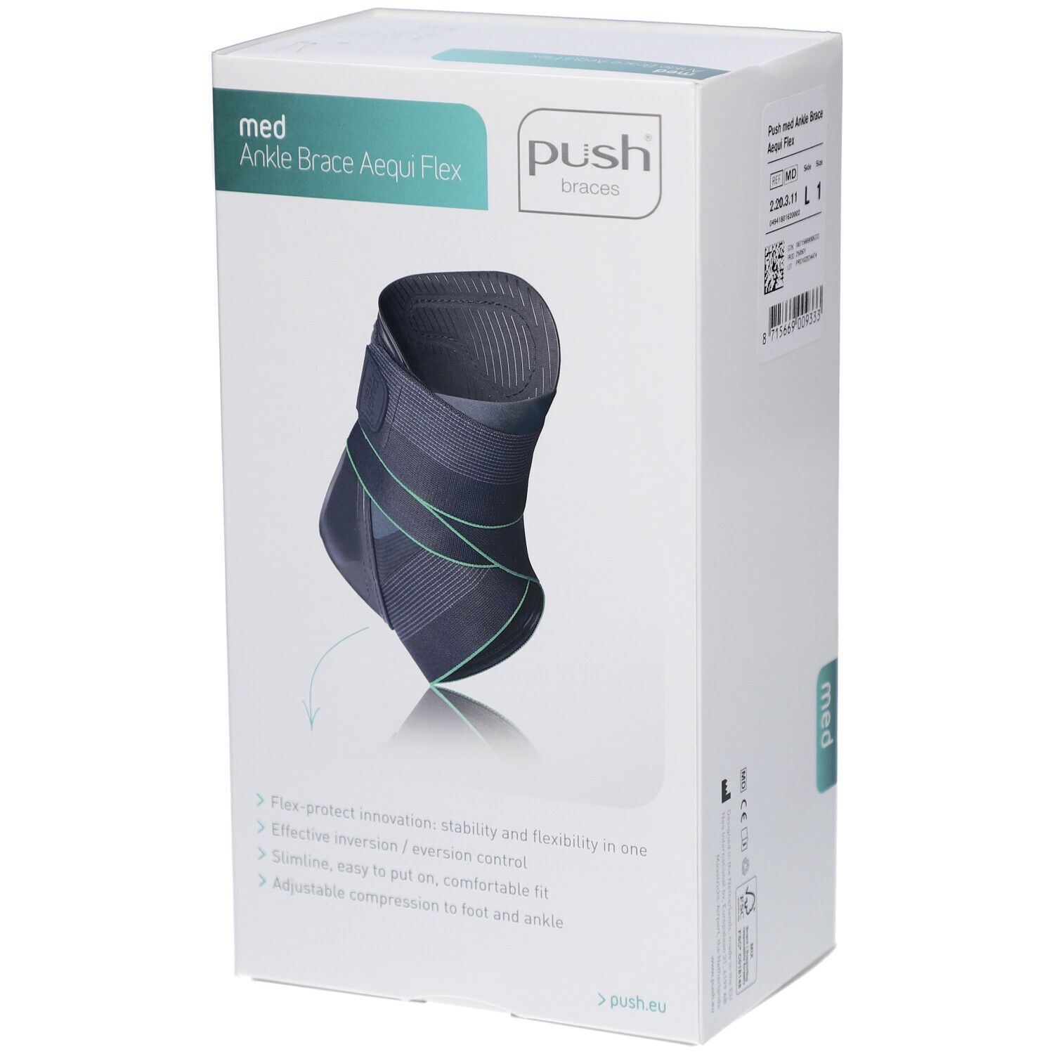 Verpackung der Knöchelbandage. Auf der Verpackung ist die Bandage abgebildet. Der Markenname ist Push. Produktname: Ankle Brace Aequi Flex.