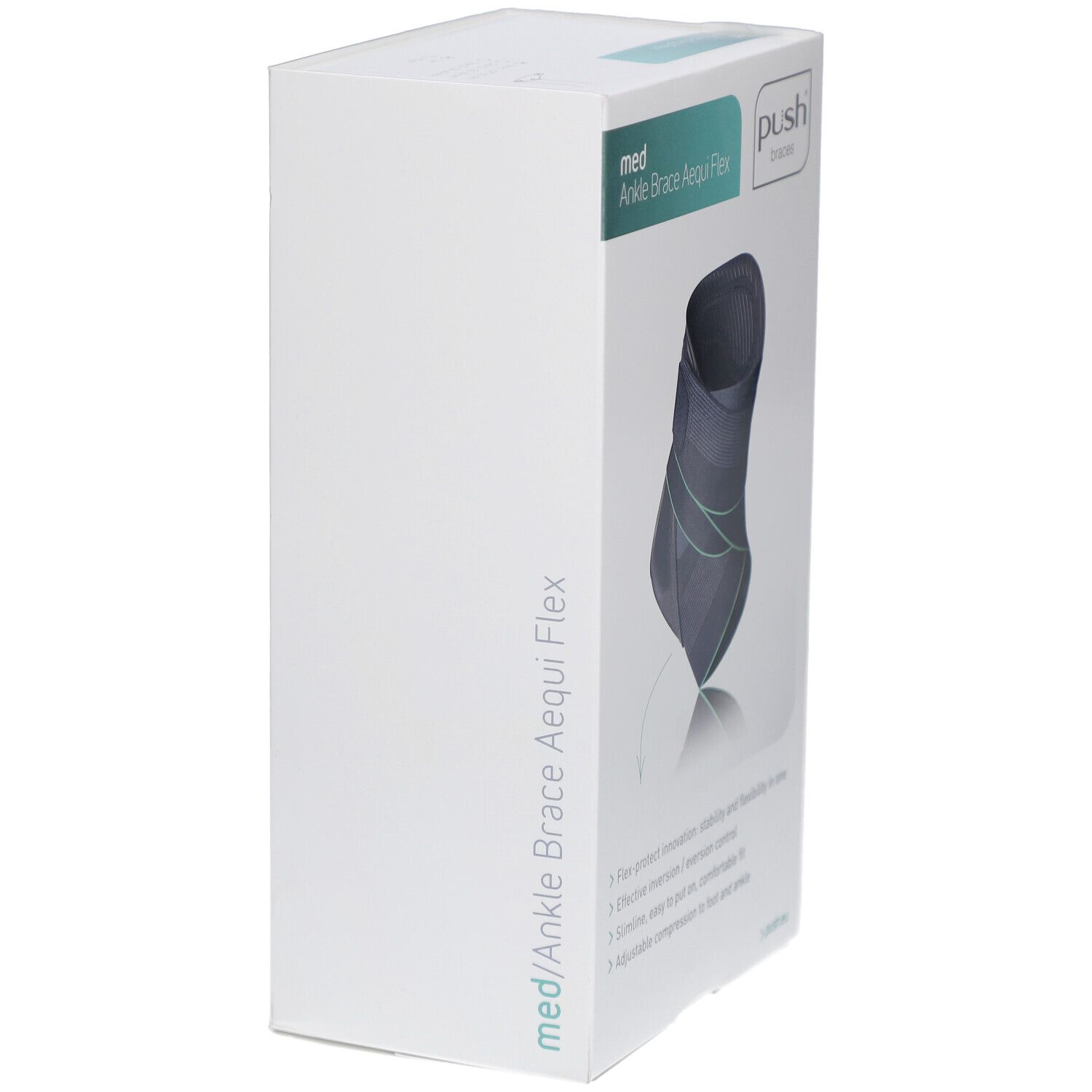 Verpackung der Knöchelbandage. Auf der Verpackung ist die Bandage abgebildet. Der Markenname ist Push. Produktname: Ankle Brace Aequi Flex.