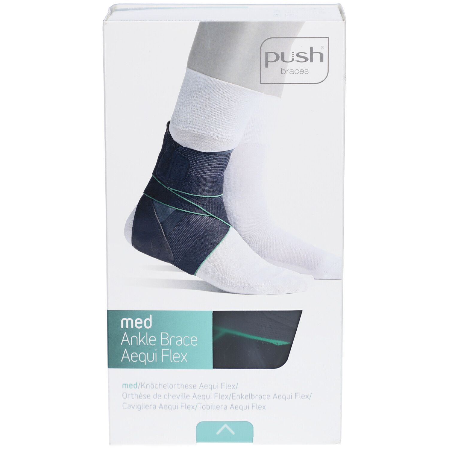 Verpackung mit Knöchelbandage. Auf der Verpackung ist eine Abbildung des Produkts am Fuß zu sehen. Der Markenname ist Push.