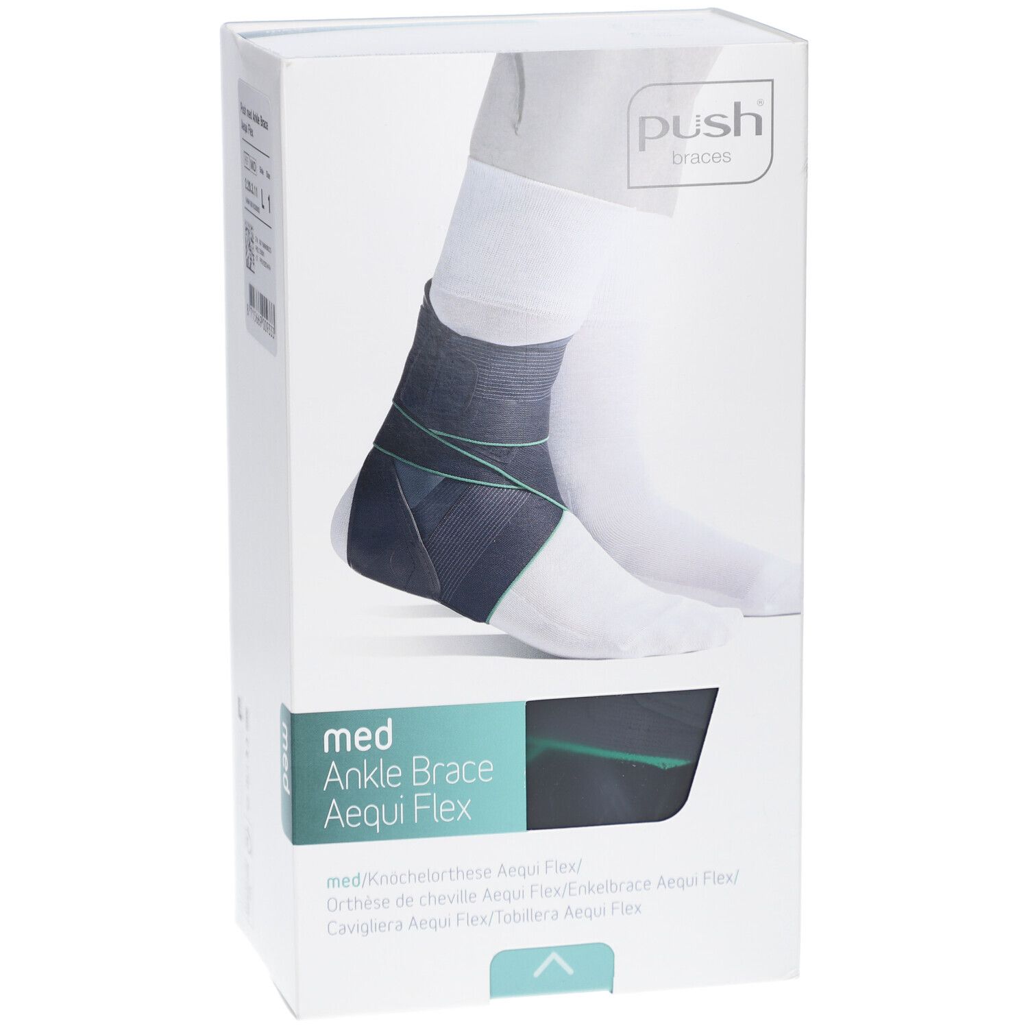 Verpackung mit Knöchelbandage. Auf der Verpackung ist eine Abbildung des Produkts am Fuß zu sehen. Der Markenname ist Push.