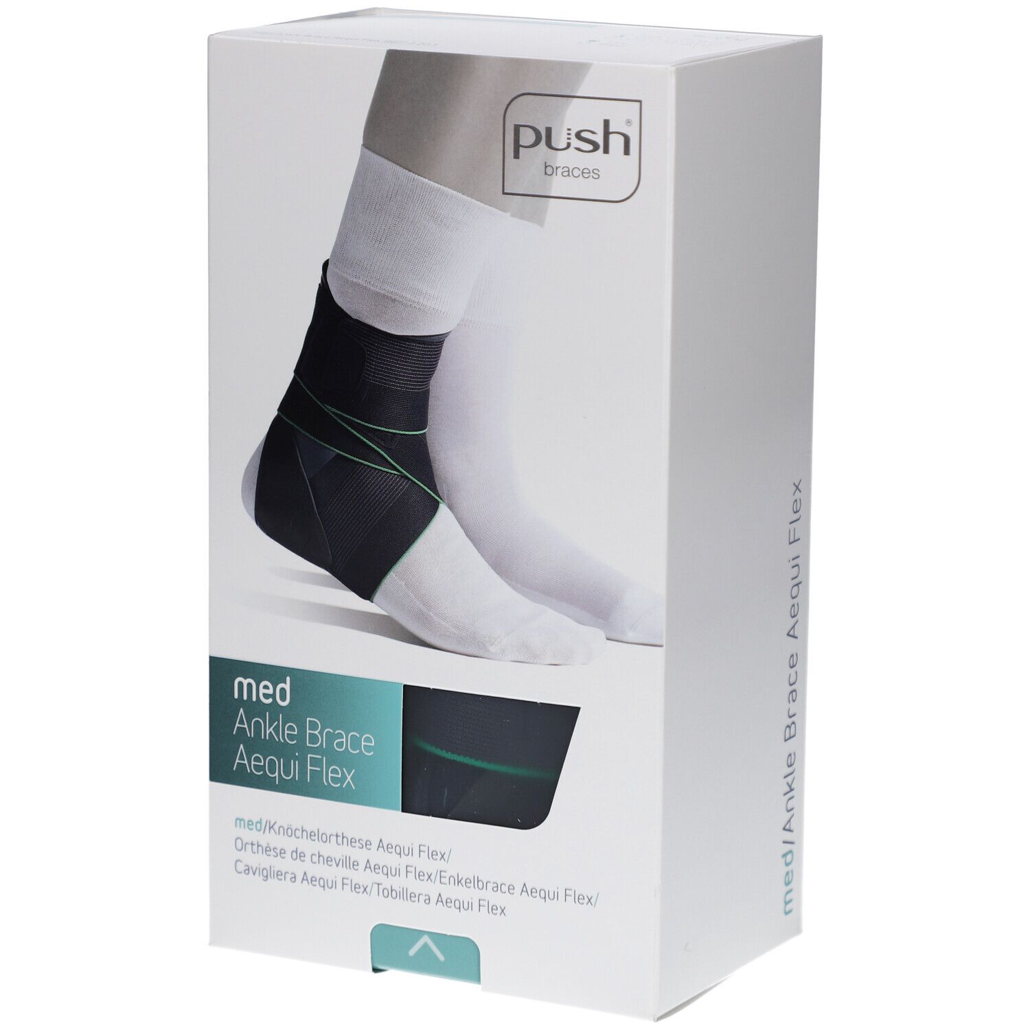 Knöchelorthese Aequi Flex in Verpackung. Schwarz-grünes Design. Marke Push Braces. Aufdruck: med Ankle Brace Aequi Flex.