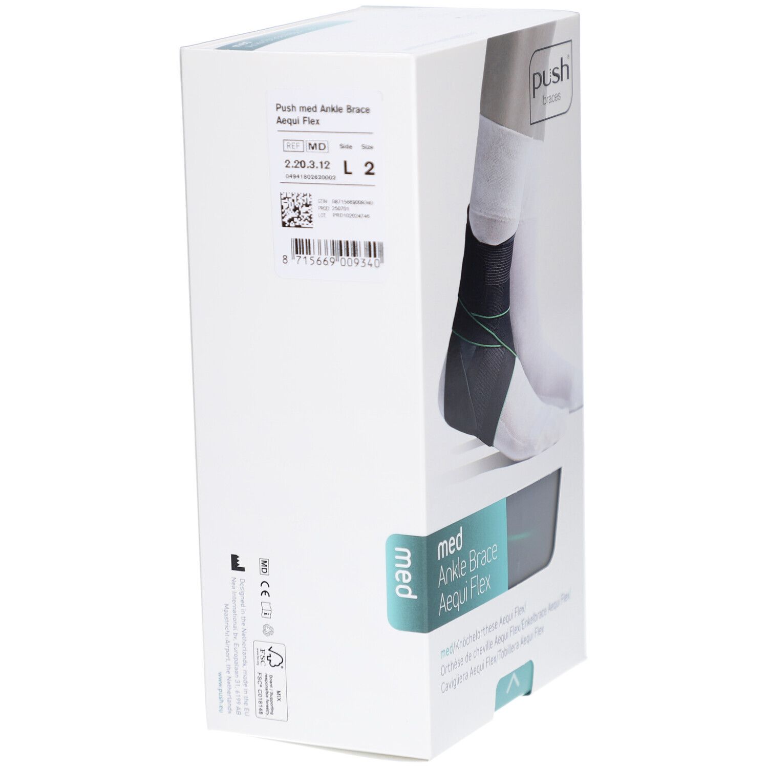 Verpackung der Knöchelorthese Aequi Flex. Marke Push Braces. Aufdruck: med Ankle Brace Aequi Flex. Produktinformationen und QR-Code.
