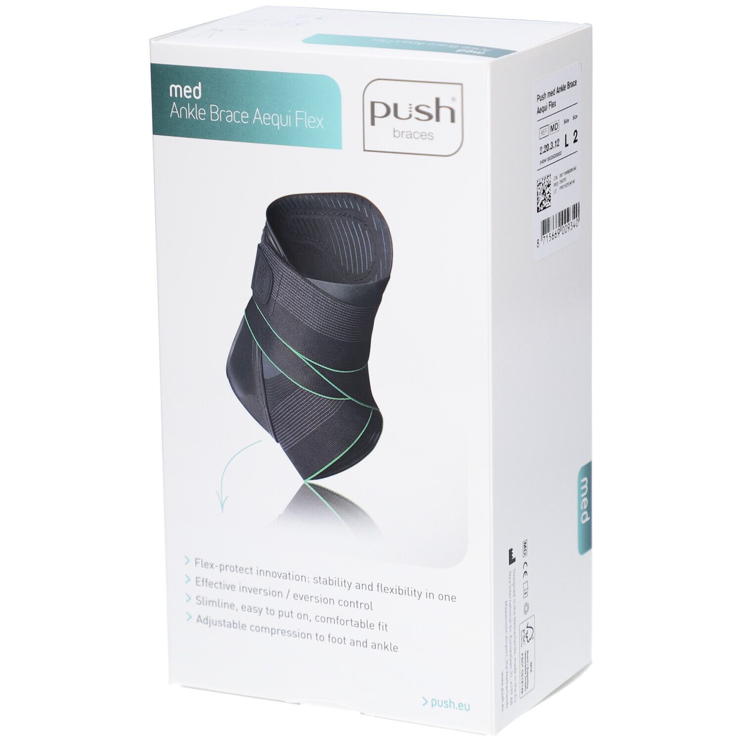 Knöchelorthese Aequi Flex in Verpackung. Schwarz-grünes Design. Marke Push Braces. Aufdruck: med Ankle Brace Aequi Flex. Produktmerkmale.