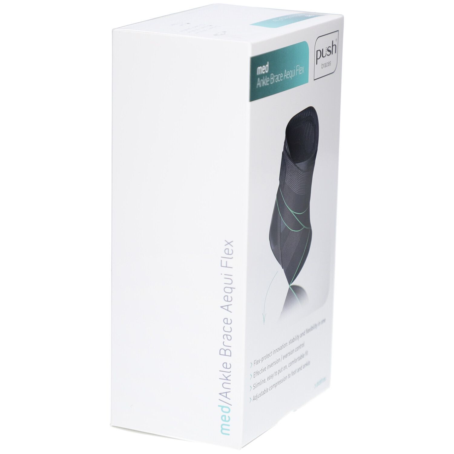 Verpackung der Knöchelorthese Aequi Flex. Marke Push Braces. Aufdruck: med Ankle Brace Aequi Flex. Produktansicht.