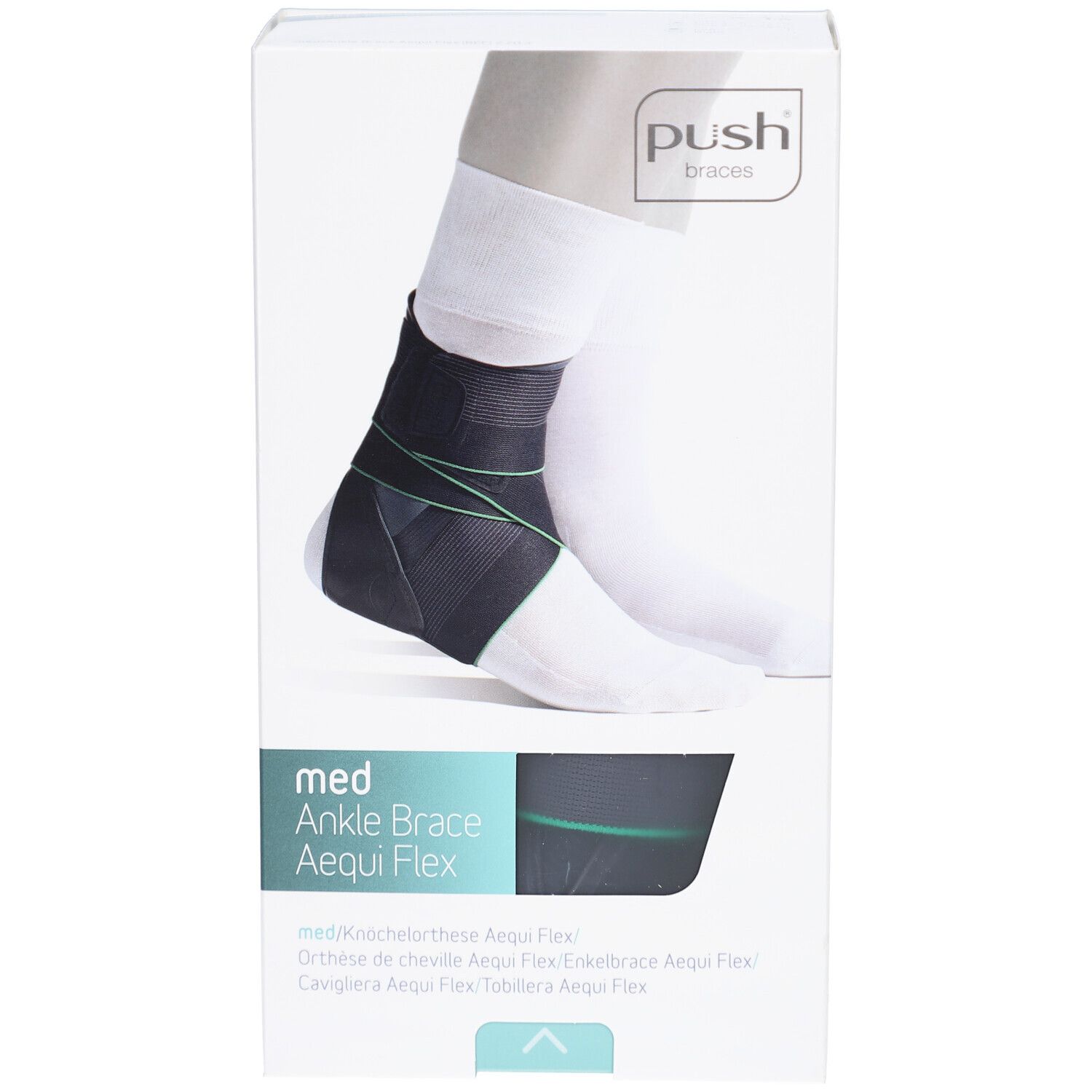 Knöchelorthese Aequi Flex in Verpackung. Schwarz-grünes Design. Marke Push Braces. Aufdruck: med Ankle Brace Aequi Flex.
