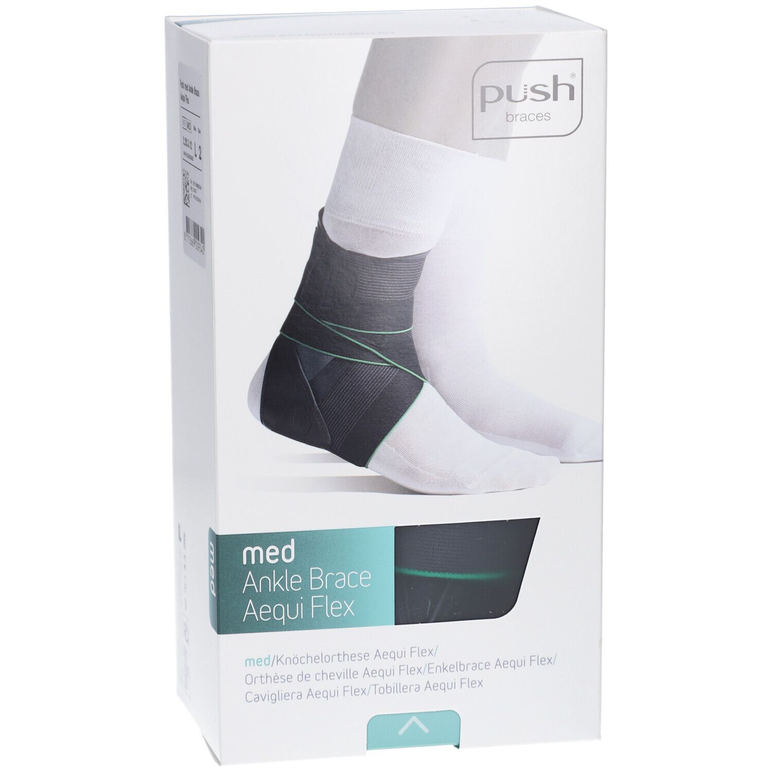 Knöchelorthese Aequi Flex in Verpackung. Schwarz-grünes Design. Marke Push Braces. Aufdruck: med Ankle Brace Aequi Flex.