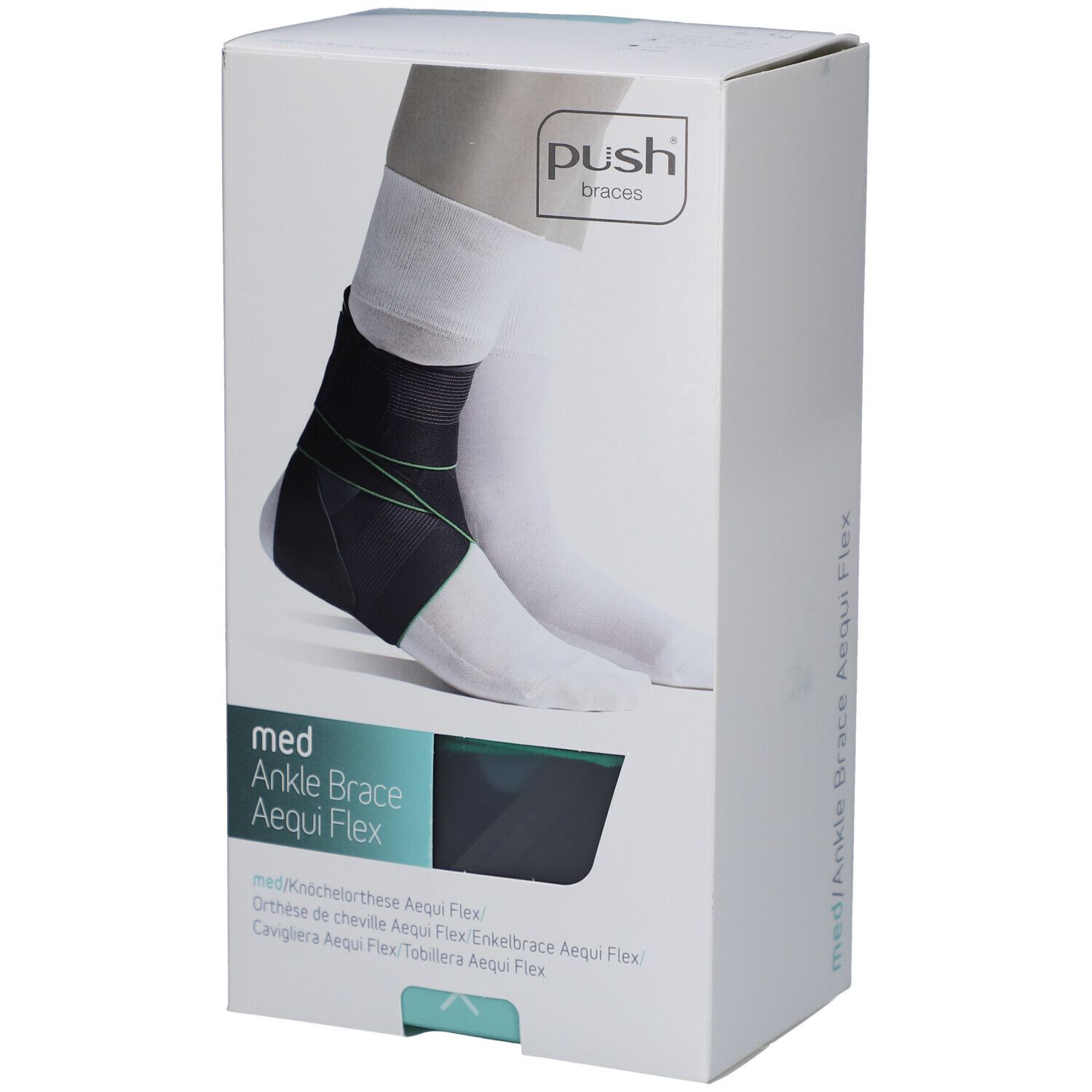 Verpackung der Push Med Ankle Brace Aequi Flex. Schwarz-grüne Knöchelorthese auf weißem Hintergrund. Produktname und Marke sichtbar.