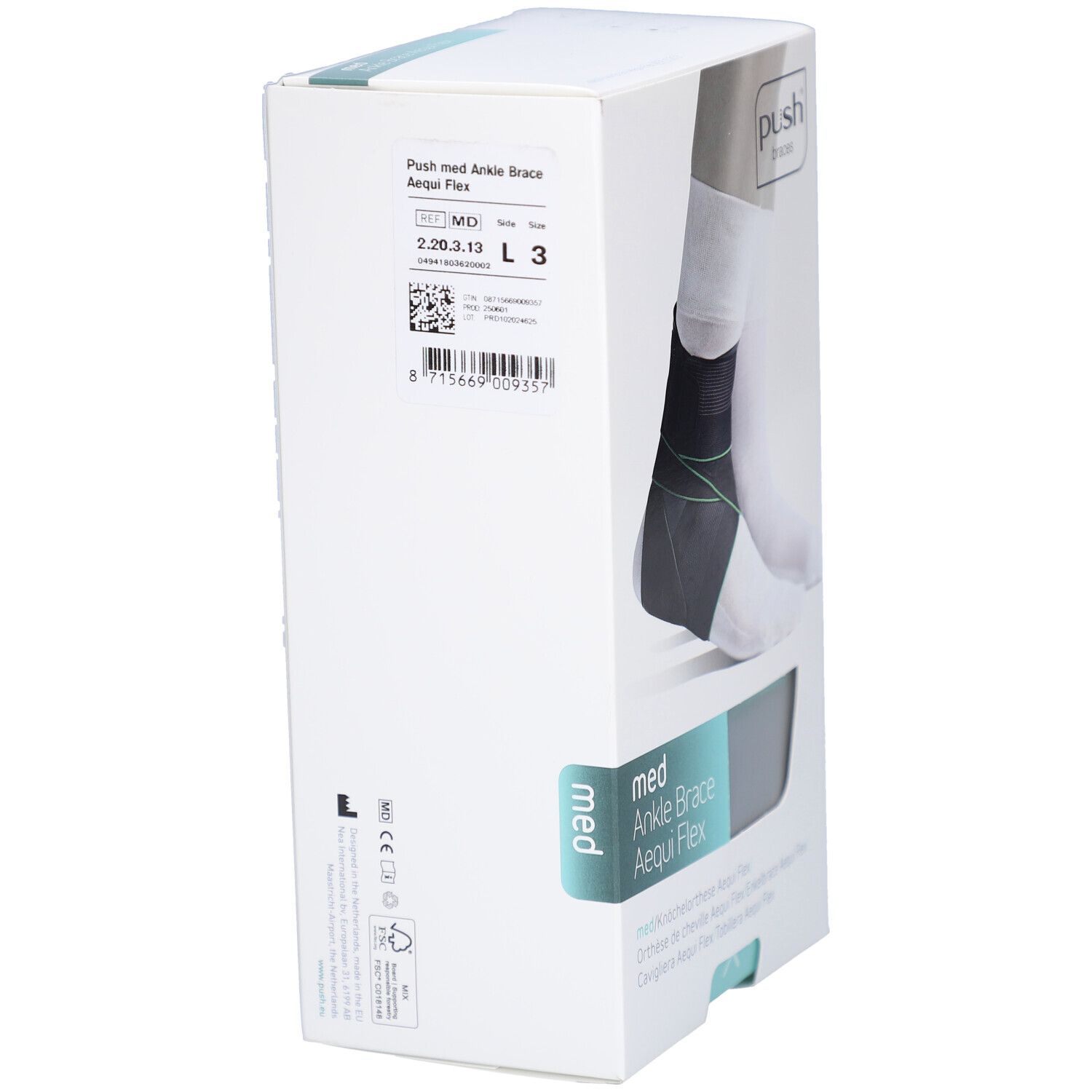 Verpackung der Push Med Ankle Brace Aequi Flex. Produktname, Marke und Größenangabe L3 auf der Verpackung. QR-Code und Barcode.