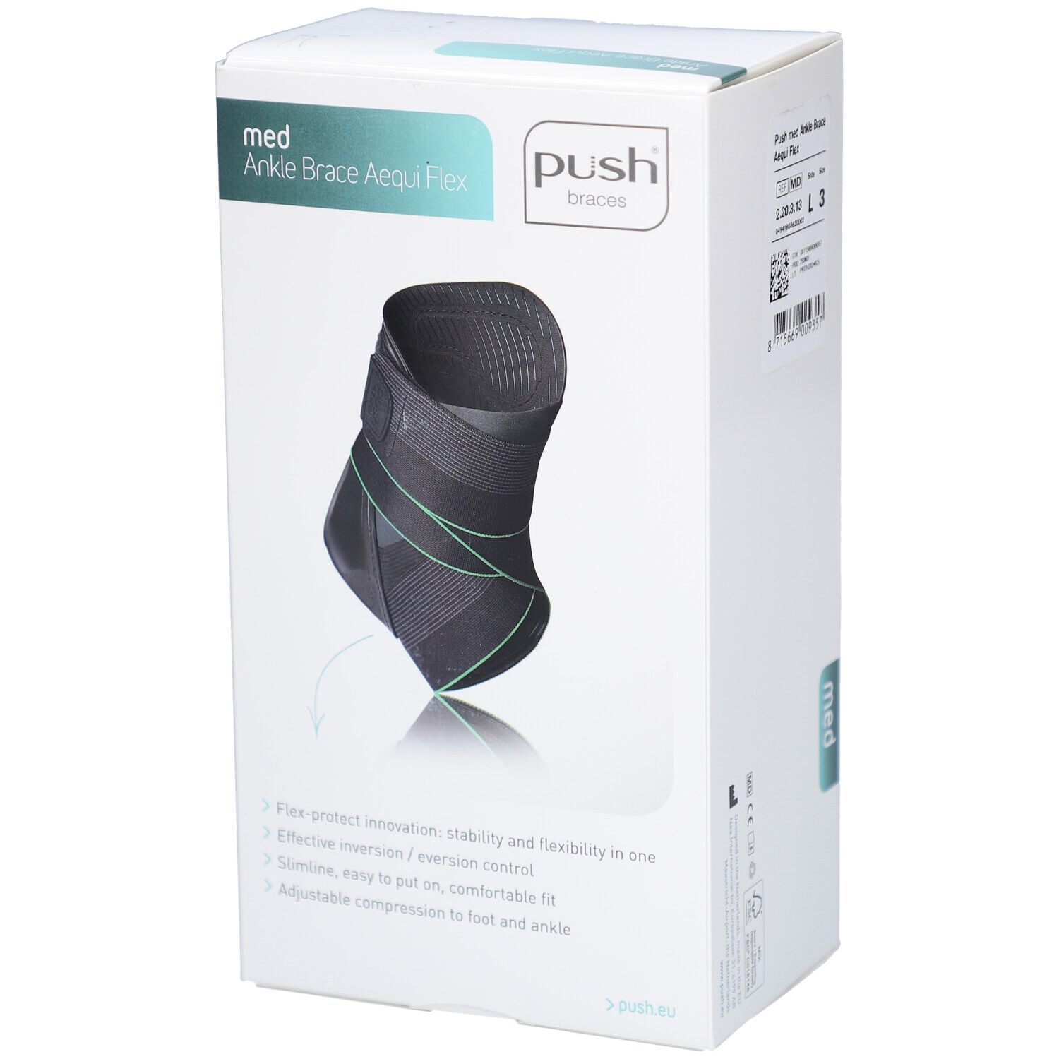 Verpackung der Push Med Ankle Brace Aequi Flex. Schwarze Knöchelorthese auf weißem Hintergrund. Produktname und Marke sichtbar. Text über Funktionen.