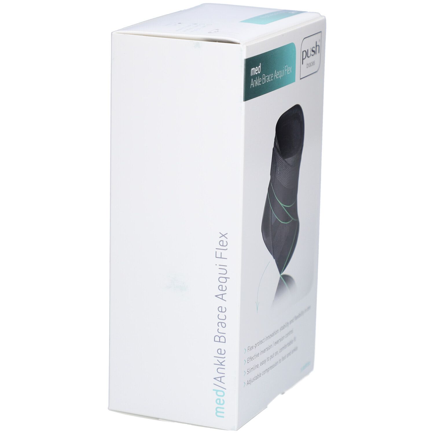 Verpackung der Push Med Ankle Brace Aequi Flex. Produktname und Marke auf der Verpackung. Knöchelorthese in der Verpackung abgebildet.