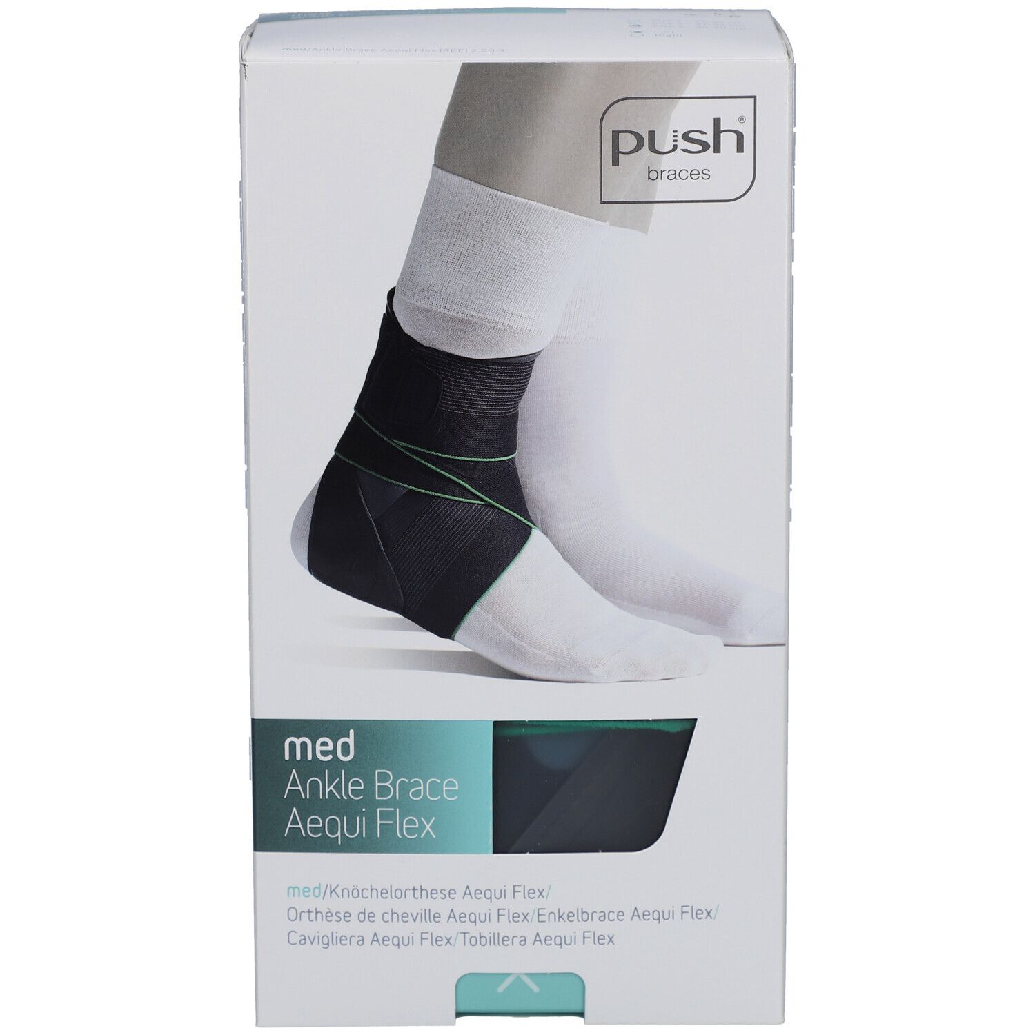 Verpackung der Push Med Ankle Brace Aequi Flex. Schwarze Knöchelorthese auf weißem Hintergrund. Produktname und Marke sichtbar.