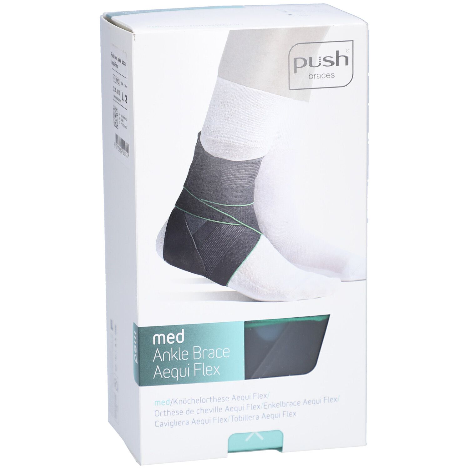 Verpackung der Push Med Ankle Brace Aequi Flex. Knöchelorthese auf weißem Hintergrund. Produktname und Marke sichtbar.