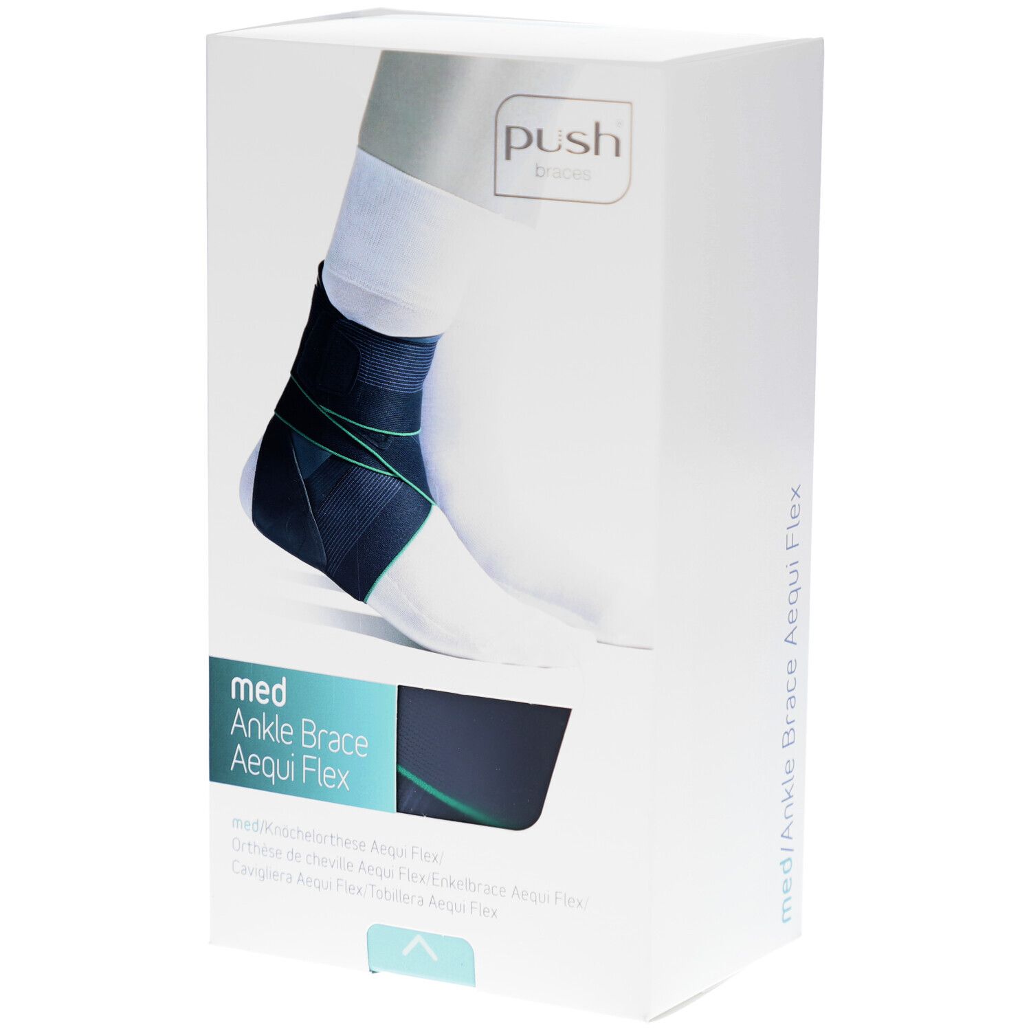 Knöchelbandage Aequi Flex in Verpackung. Marke Push. Produktname und Eigenschaften auf der Verpackung.