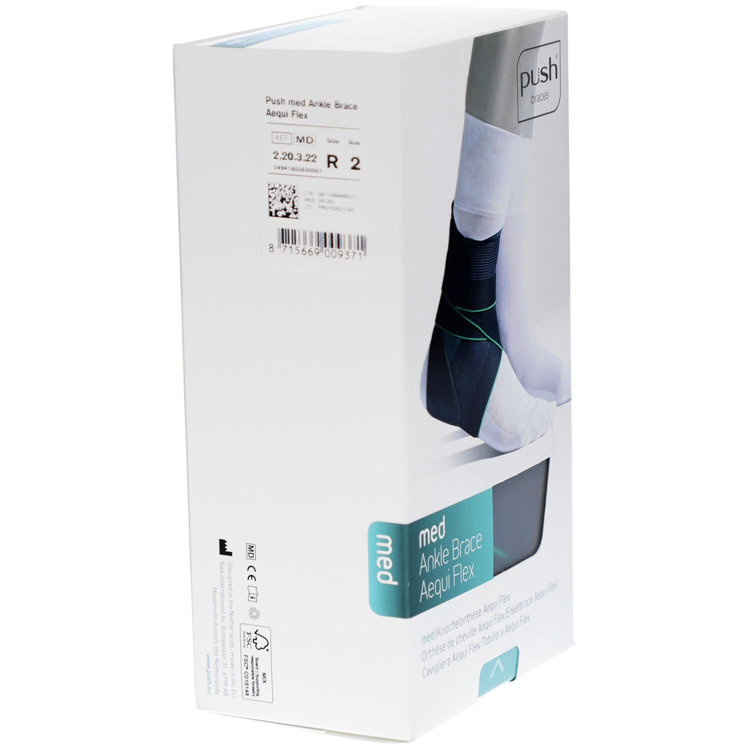 Verpackung der Knöchelbandage Aequi Flex. Marke Push. Produktinformationen und Größenangaben auf der Verpackung.