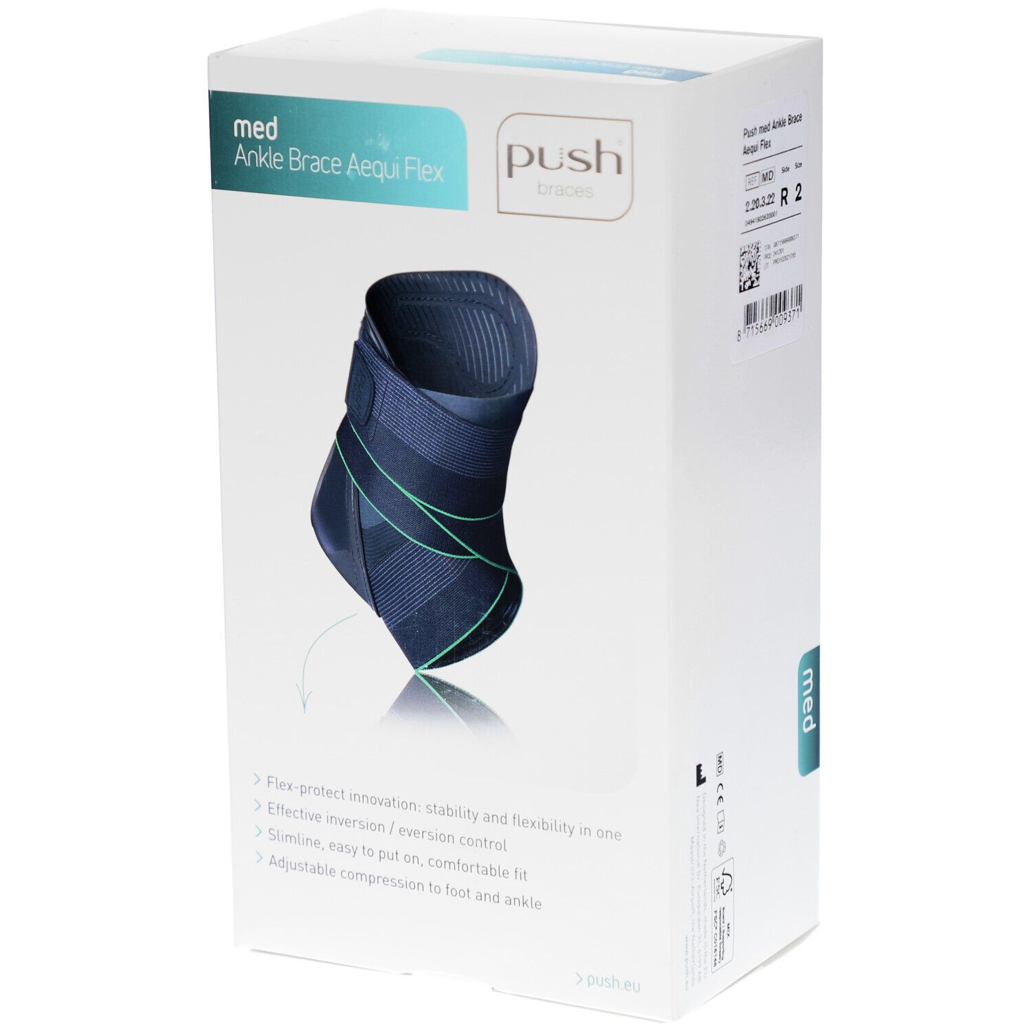 Knöchelbandage Aequi Flex in Verpackung. Marke Push. Produktmerkmale auf der Verpackung.