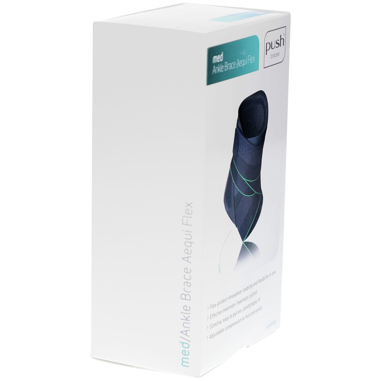 Knöchelbandage Aequi Flex in Verpackung. Marke Push. Produktmerkmale auf der Verpackung.