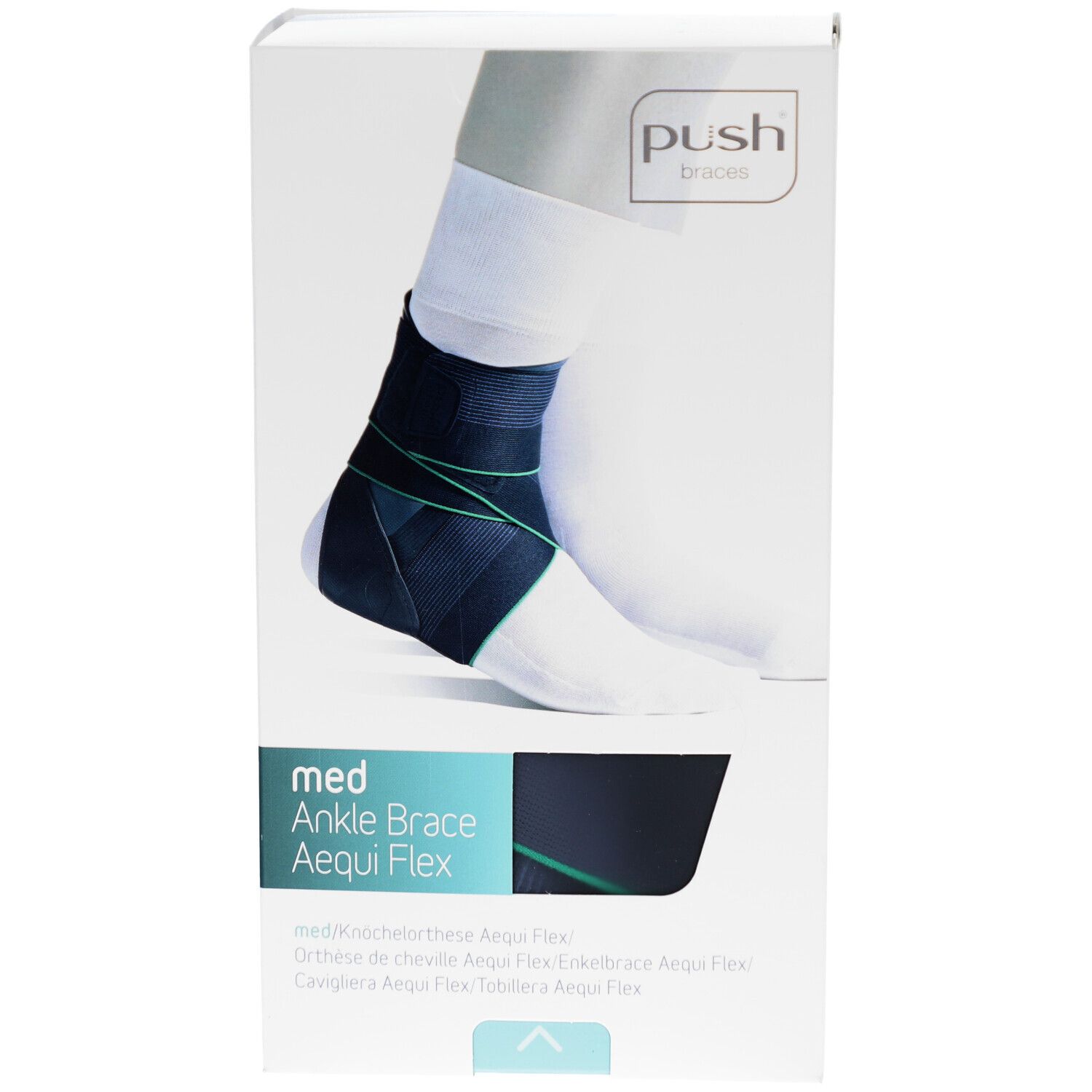 Knöchelbandage Aequi Flex in Verpackung. Marke Push. Produktname und Eigenschaften auf der Verpackung.