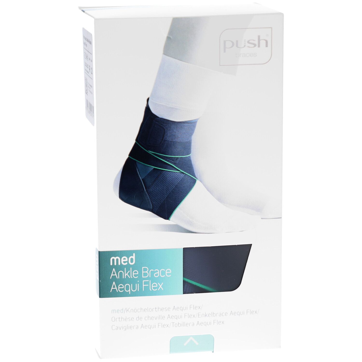 Knöchelbandage Aequi Flex in Verpackung. Marke Push. Produktname und Eigenschaften auf der Verpackung.