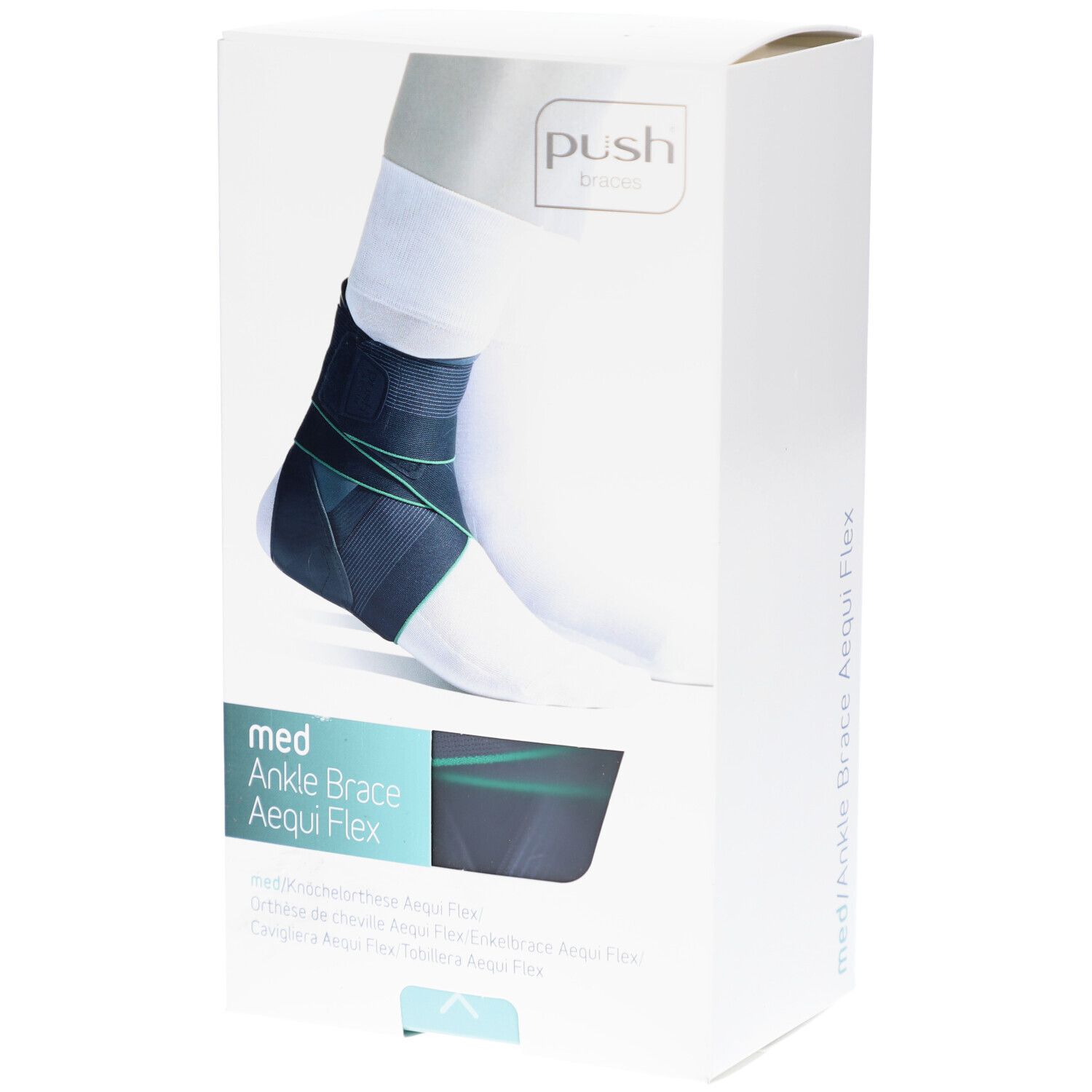 Verpackung der Push Med Ankle Brace Aequi Flex. Die Box zeigt ein Knöchelorthese-Modell. Auf der Box steht "med Ankle Brace Aequi Flex".