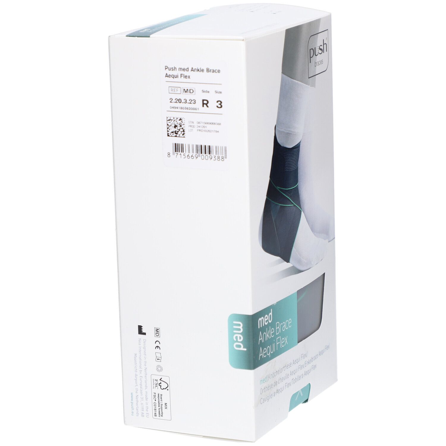 Verpackung der Push Med Ankle Brace Aequi Flex. Auf der Box sind Informationen wie Größe, Chargennummer und Barcode abgebildet.