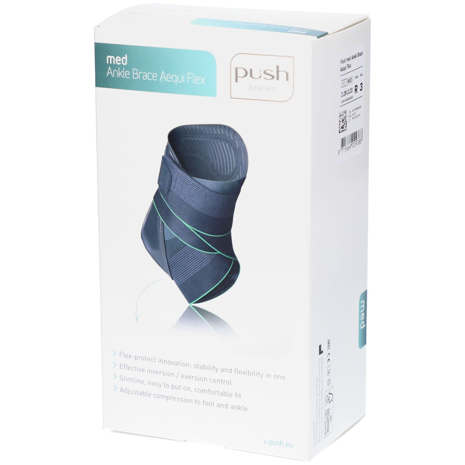 Verpackung der Push Med Ankle Brace Aequi Flex. Die Box zeigt die Knöchelorthese. Auf der Box steht "med Ankle Brace Aequi Flex".