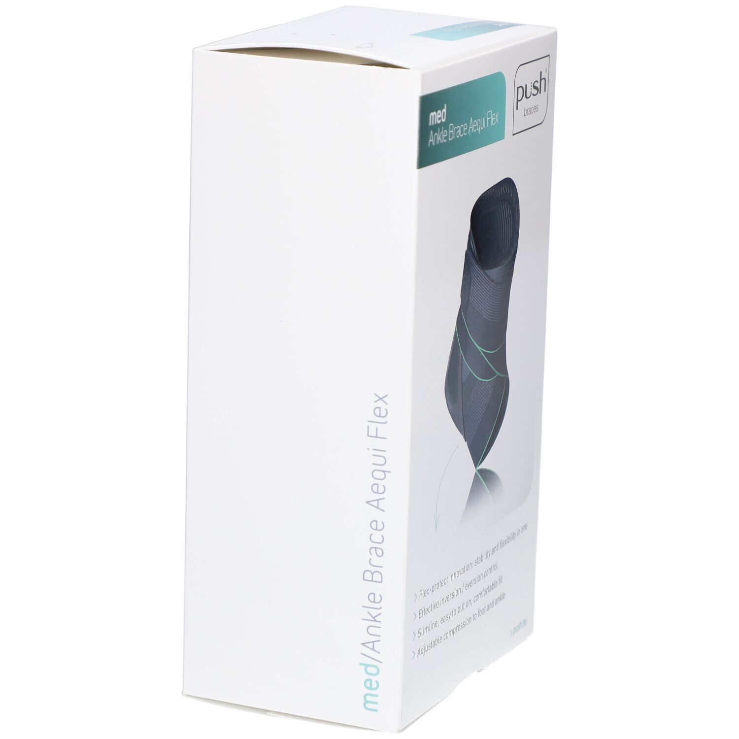 Verpackung der Push Med Ankle Brace Aequi Flex. Die Box zeigt die Knöchelorthese. Auf der Box steht "med Ankle Brace Aequi Flex".