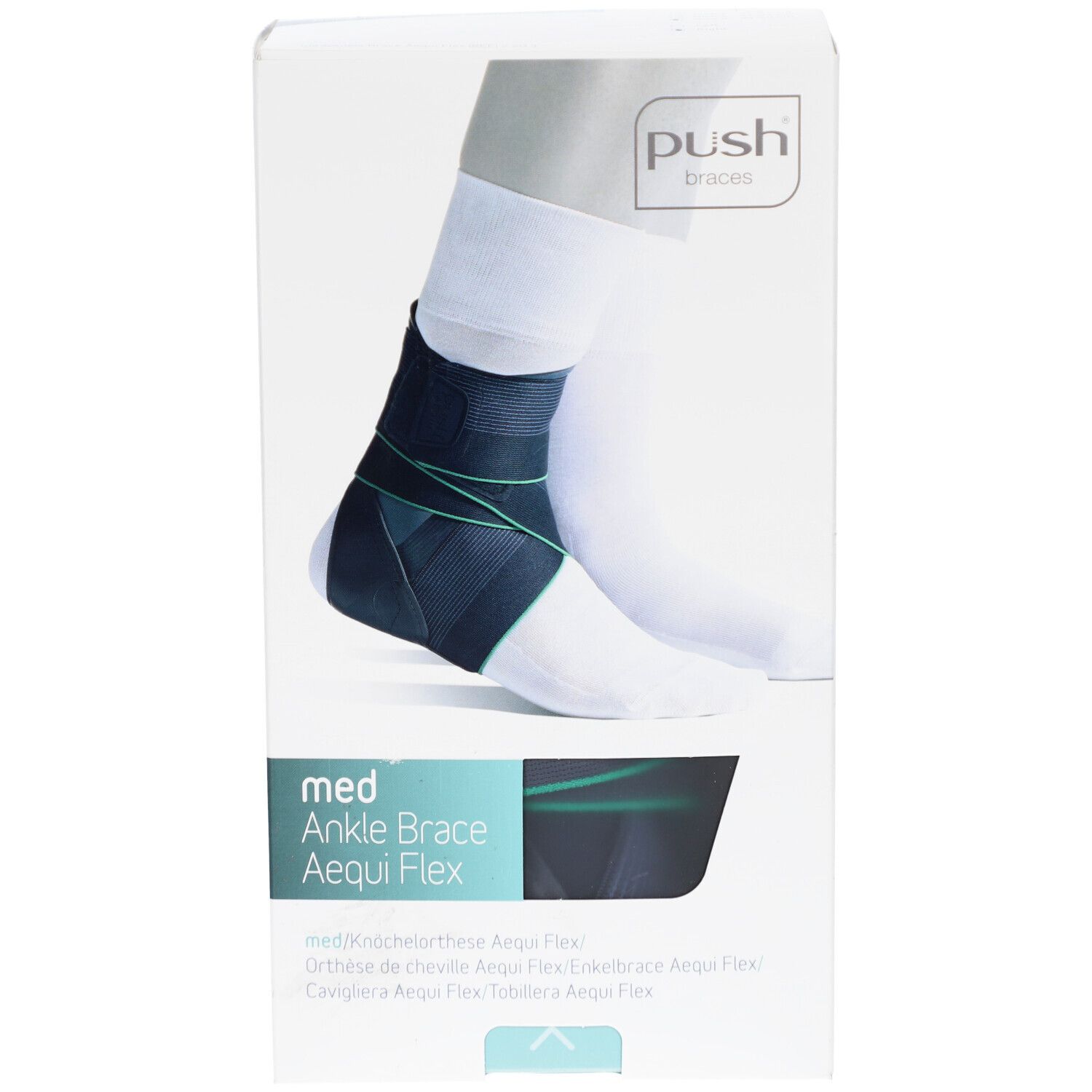 Verpackung der Push Med Ankle Brace Aequi Flex. Die Box zeigt die Knöchelorthese. Auf der Box steht "med Ankle Brace Aequi Flex".