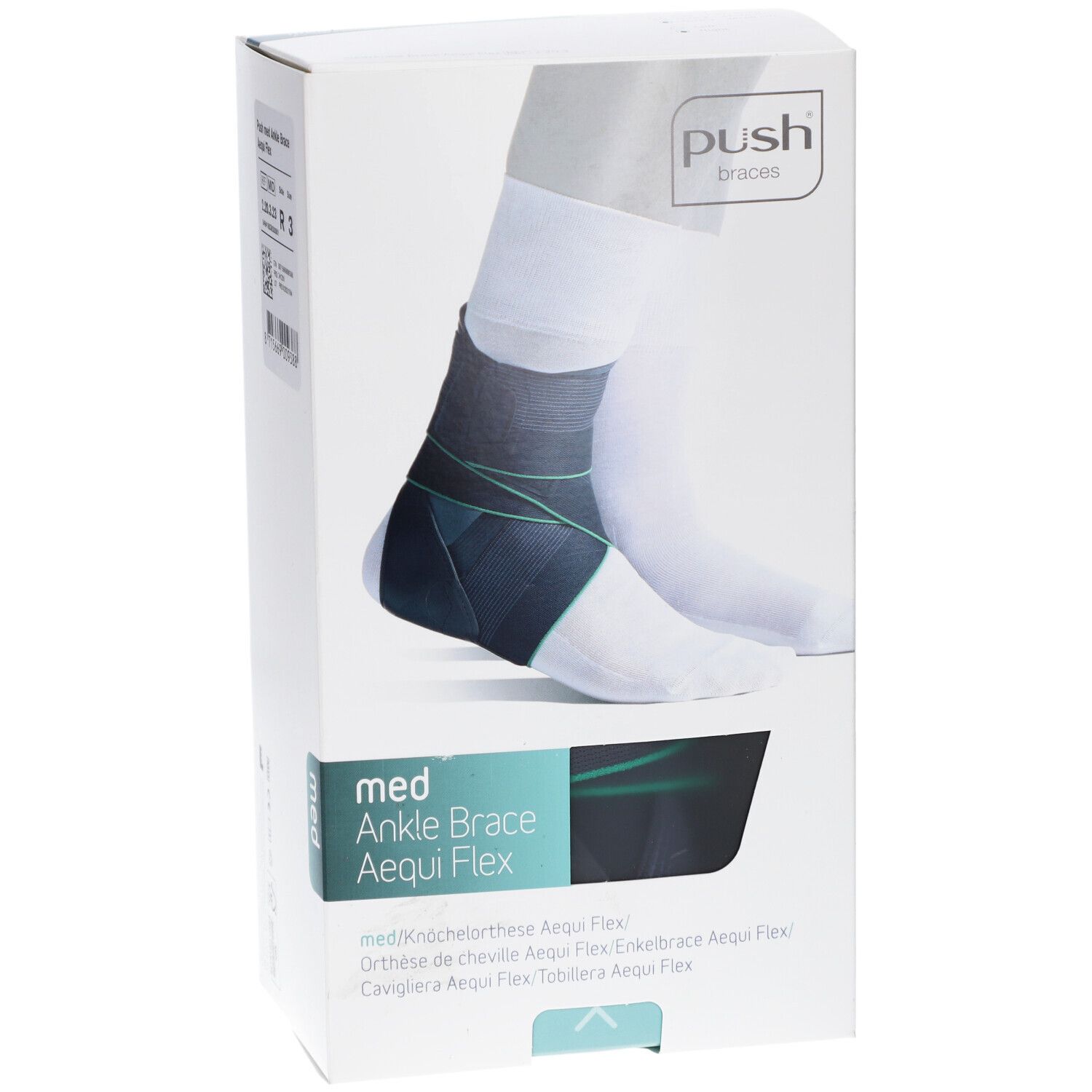 Verpackung der Push Med Ankle Brace Aequi Flex. Die Box zeigt die Knöchelorthese. Auf der Box steht "med Ankle Brace Aequi Flex".
