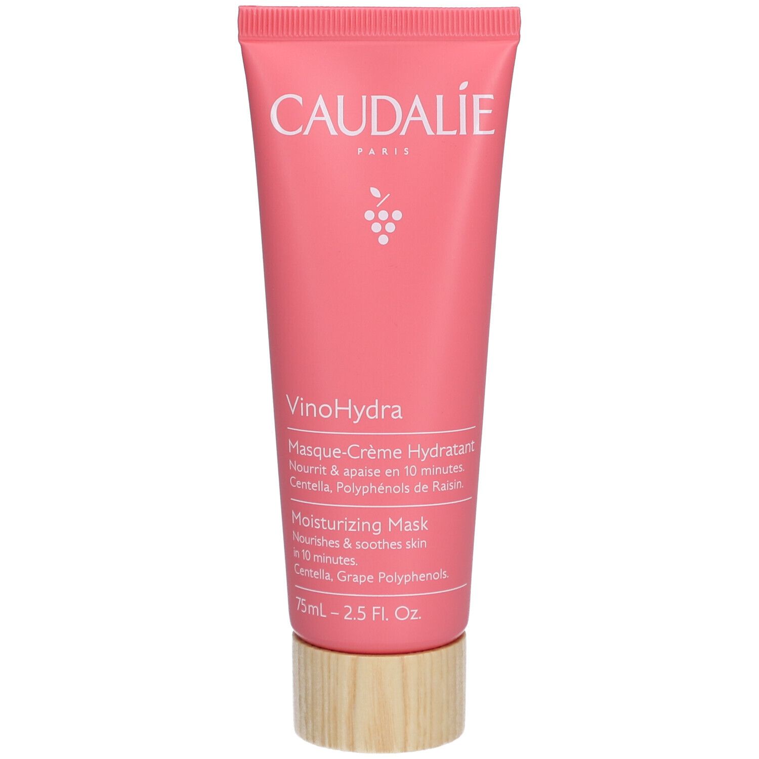 Rosa Tube mit weißer Aufschrift Caudalie, VinoHydra, Masque-Crème Hydratant. Holzfarbener Deckel. 75ml.