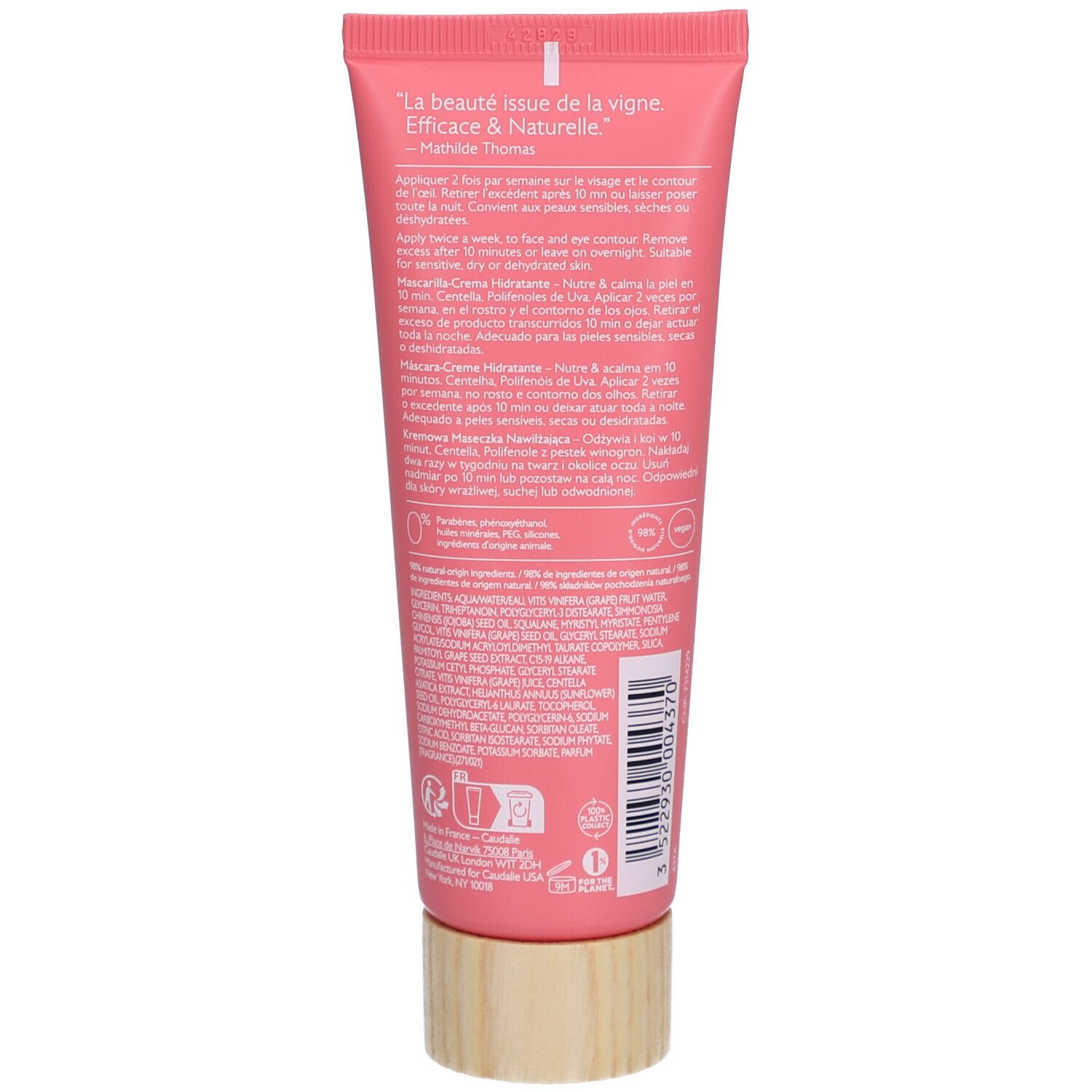 Rückseite der rosa Tube. Text in mehreren Sprachen. Holzfarbener Deckel. Inhaltsstoffe und Anweisungen.
