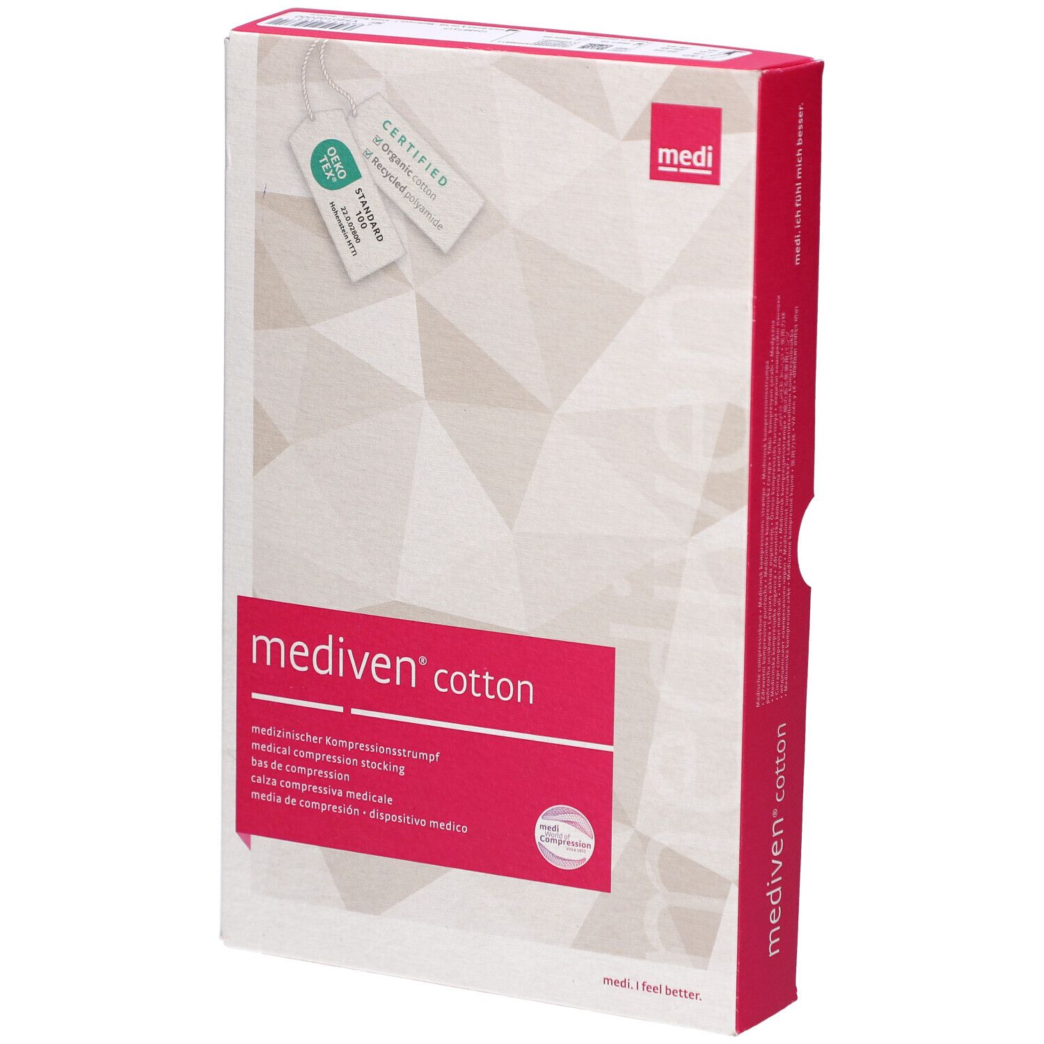 Verpackung von Mediven Cotton Kompressionsstrümpfen. Rosa Rechteck mit Produktnamen und Zertifizierungen. Weißer Hintergrund.