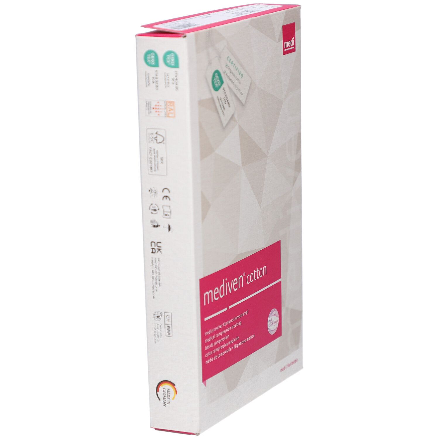 Seitenansicht der Verpackung von Mediven Cotton. Produktname und Zertifizierungen. Verschiedene Symbole und Text auf weißem Hintergrund.