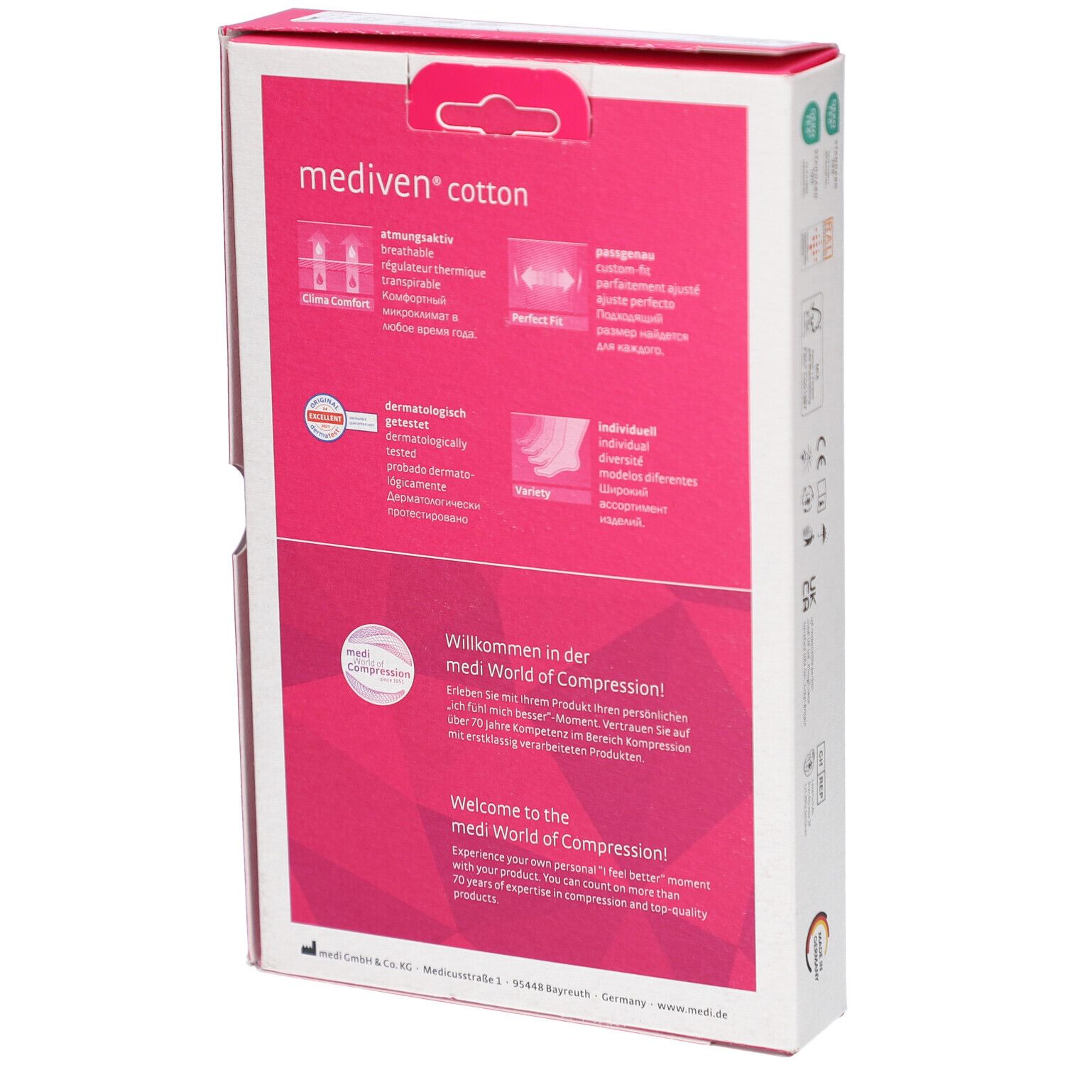 Rückseite der Mediven Cotton Verpackung. Produktname, Informationen und Logos auf rosa Hintergrund. Weißer Hintergrund.