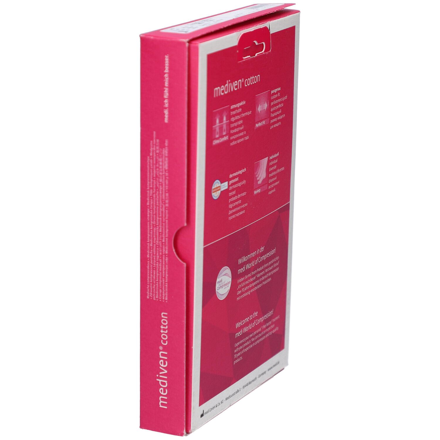Seitenansicht der Mediven Cotton Verpackung. Produktname und Informationen auf rosa Hintergrund. Weißer Hintergrund.
