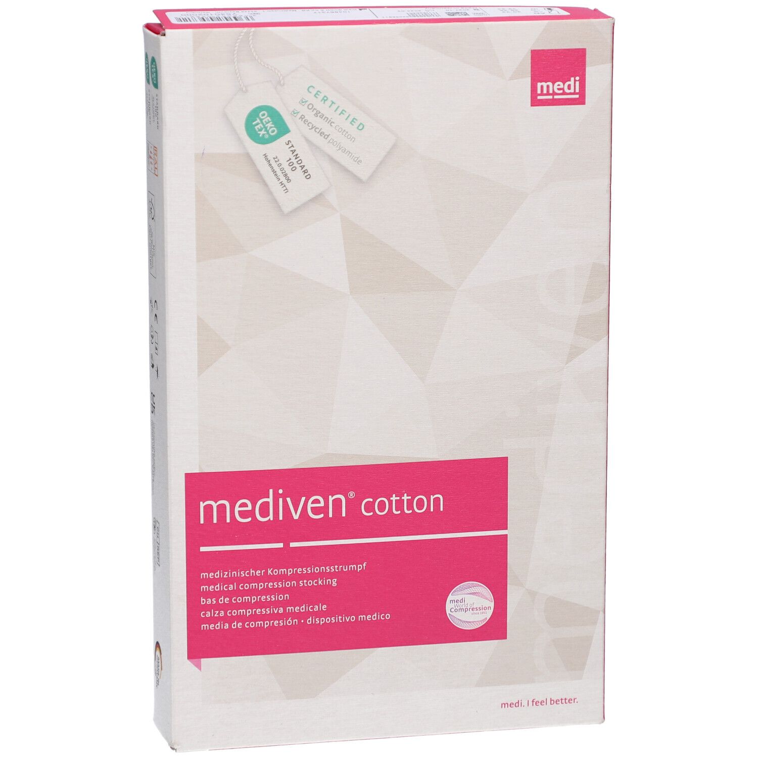 Verpackung von Mediven Cotton Kompressionsstrümpfen. Rosa Rechteck mit Produktnamen und Zertifizierungen. Weißer Hintergrund.