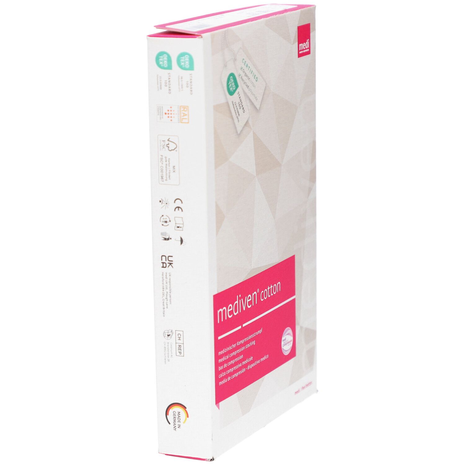 Seitenansicht der Verpackung von Mediven Cotton. Weiß mit rosa Akzenten. Produktname und Logos. Oeko-Tex-Zertifikat.