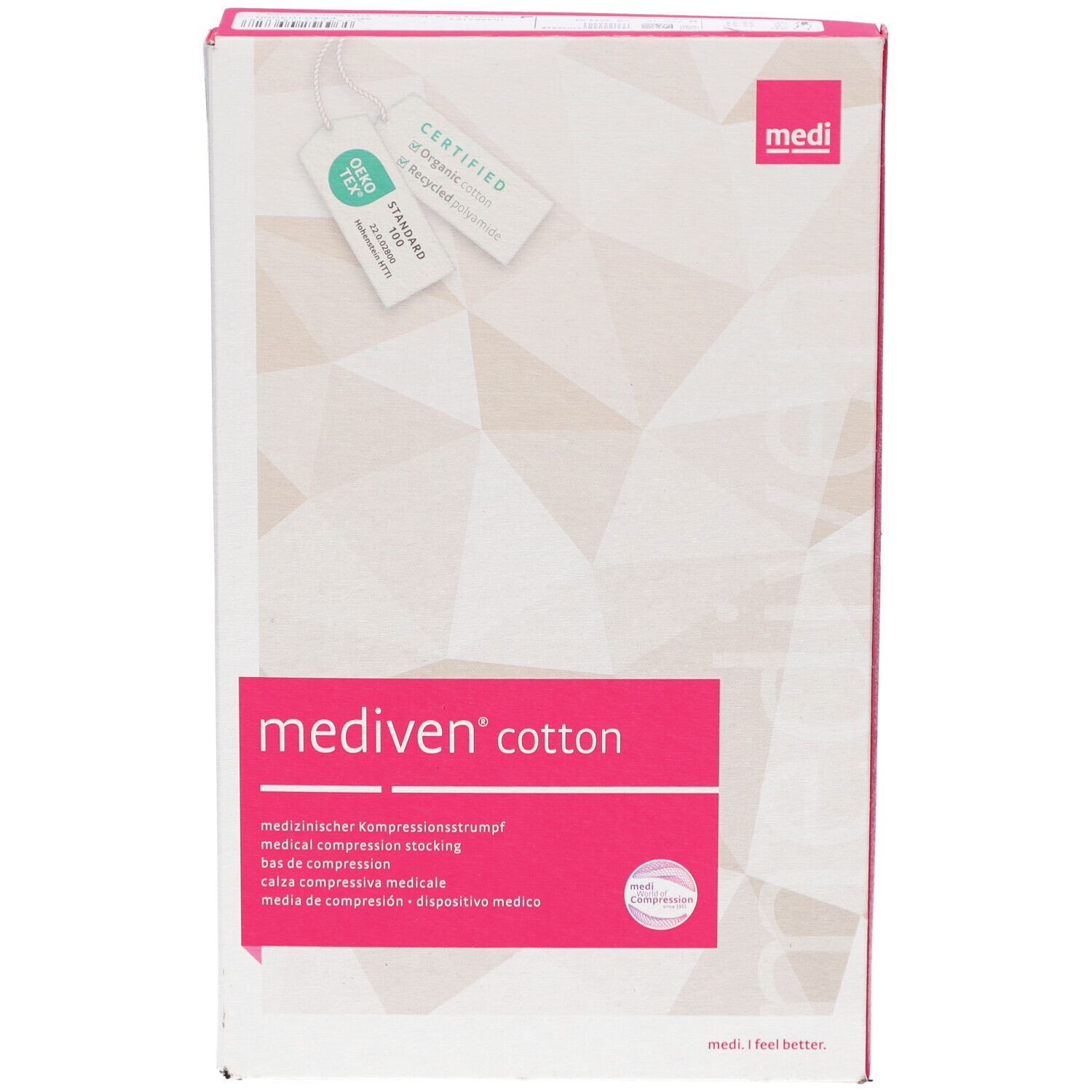 Verpackung von Mediven Cotton Kompressionsstrümpfen. Rosa Rechteck mit Produktnamen und Text. Oeko-Tex-Zertifikat.