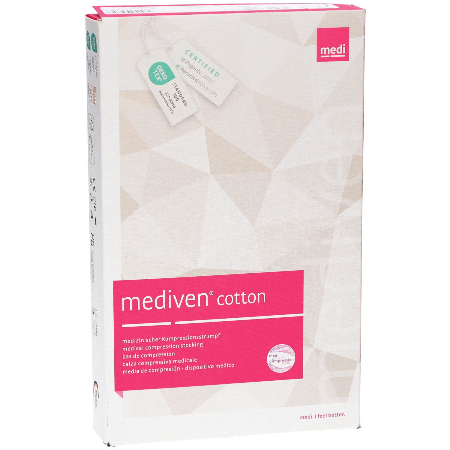 Verpackung von Mediven Cotton Kompressionsstrümpfen. Rosa Rechteck mit Produktnamen und Text. Oeko-Tex-Zertifikat.