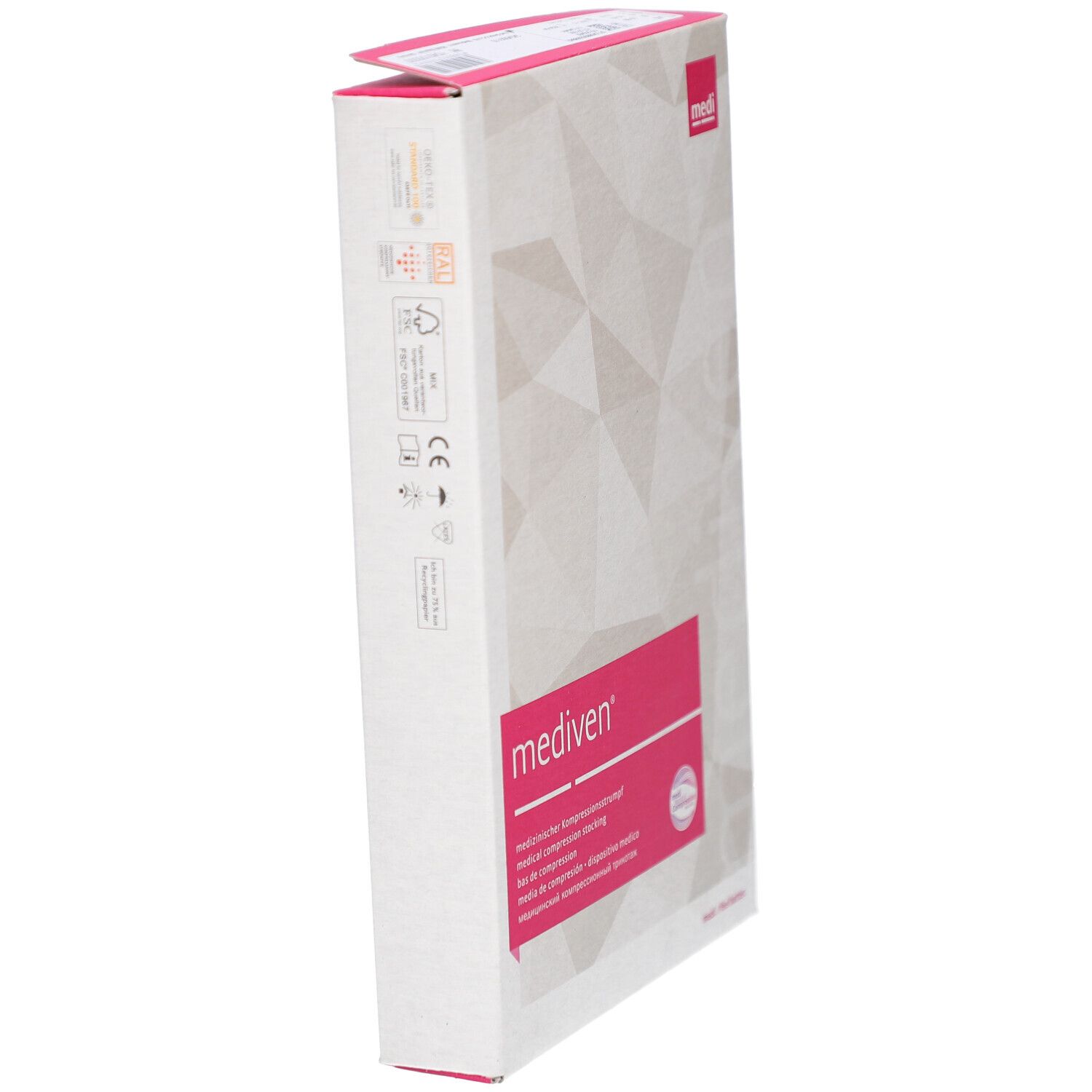 Verpackung von medi mediven Kompressionsstrümpfen. Weiß mit rosa Akzenten. Produktname und Logo sichtbar. Medizinprodukt.