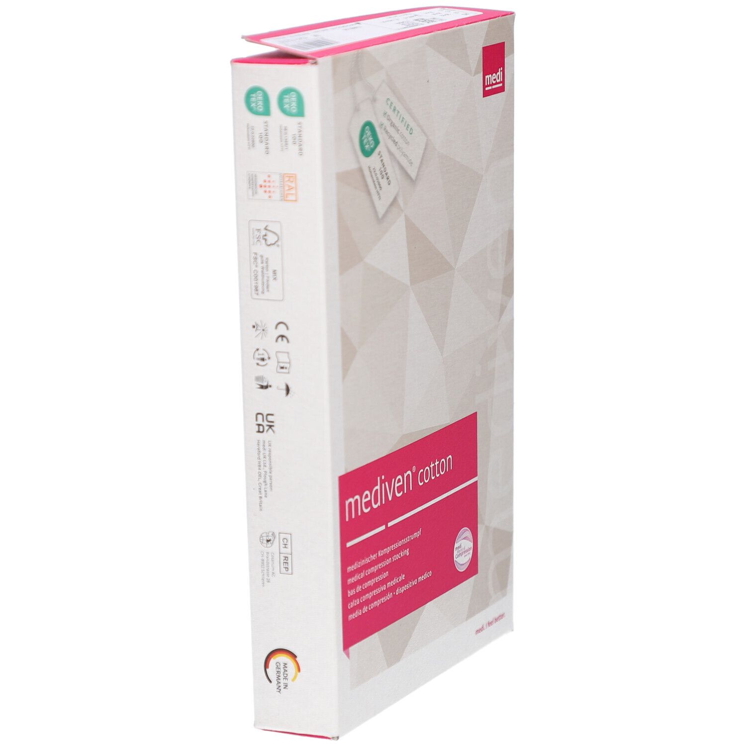 Seitenansicht der Mediven Cotton Verpackung. Weiß mit rosa Akzenten. Text: medi, Cotton, medizinischer Kompressionsstrumpf. Zertifizierungen.