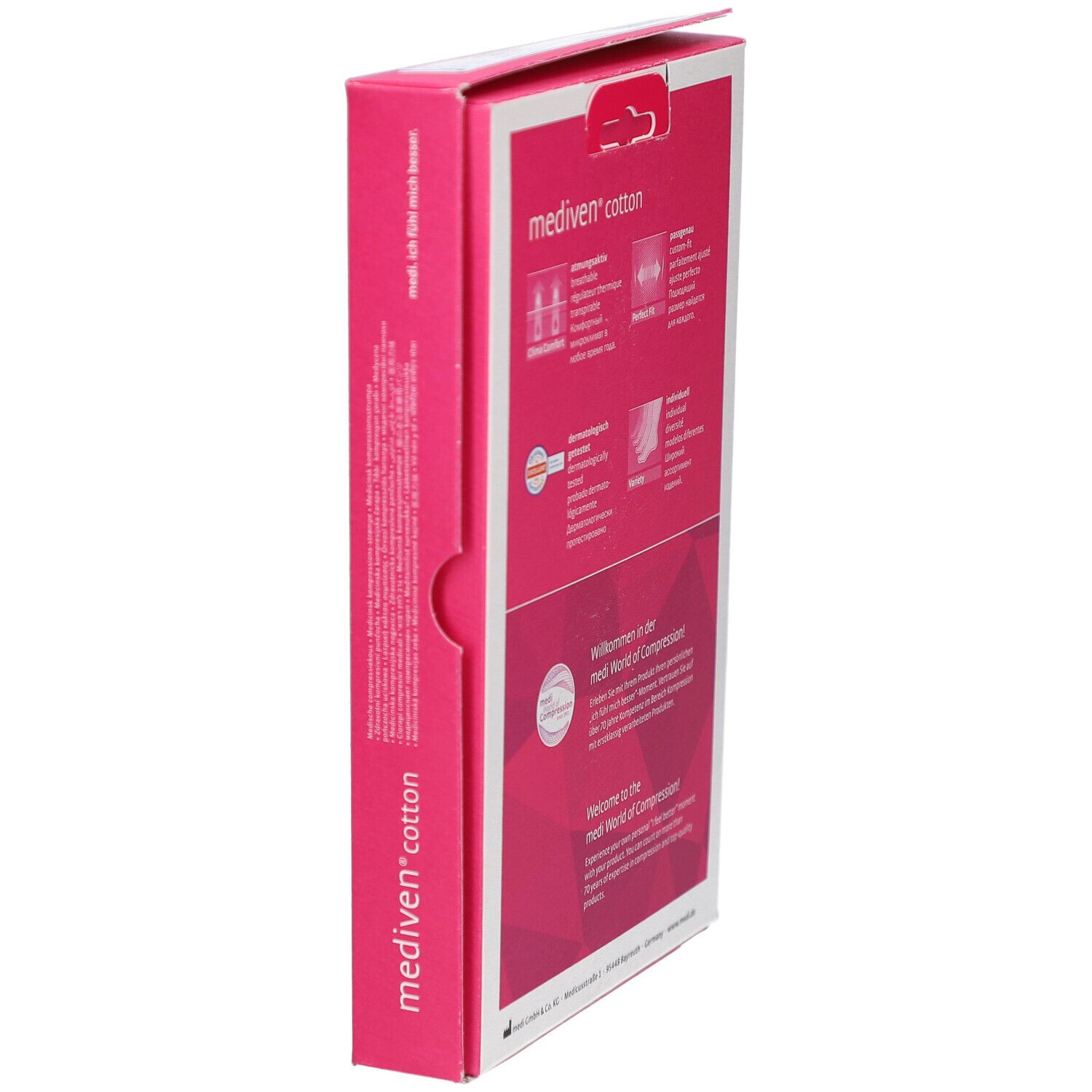 Seitenansicht der Mediven Cotton Verpackung. Weiß mit rosa Akzenten. Text: medi, Cotton. Informationen zu Eigenschaften und Zertifizierungen.