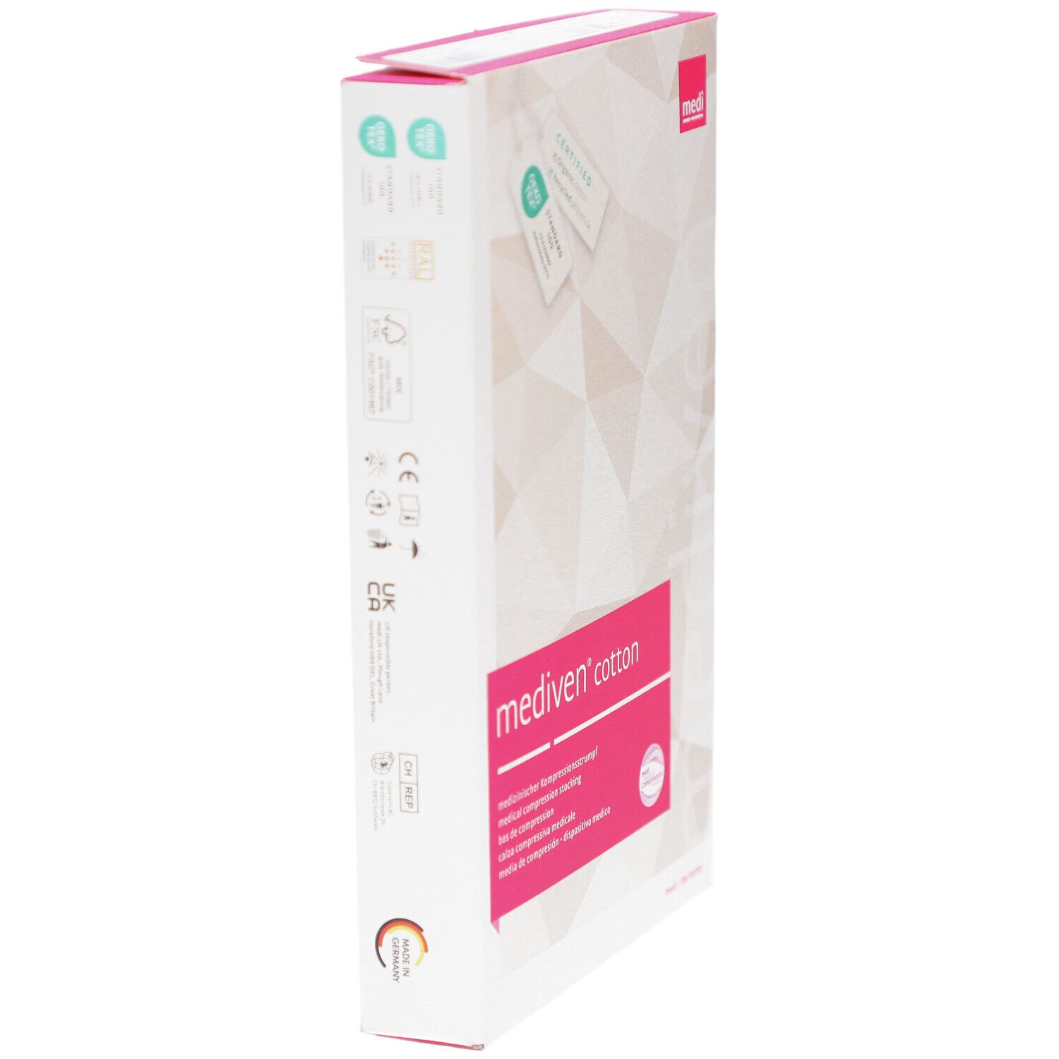Seitenansicht der Mediven Cotton Verpackung. Weiß mit pinkfarbenen Details. Produktinformationen und Logos.